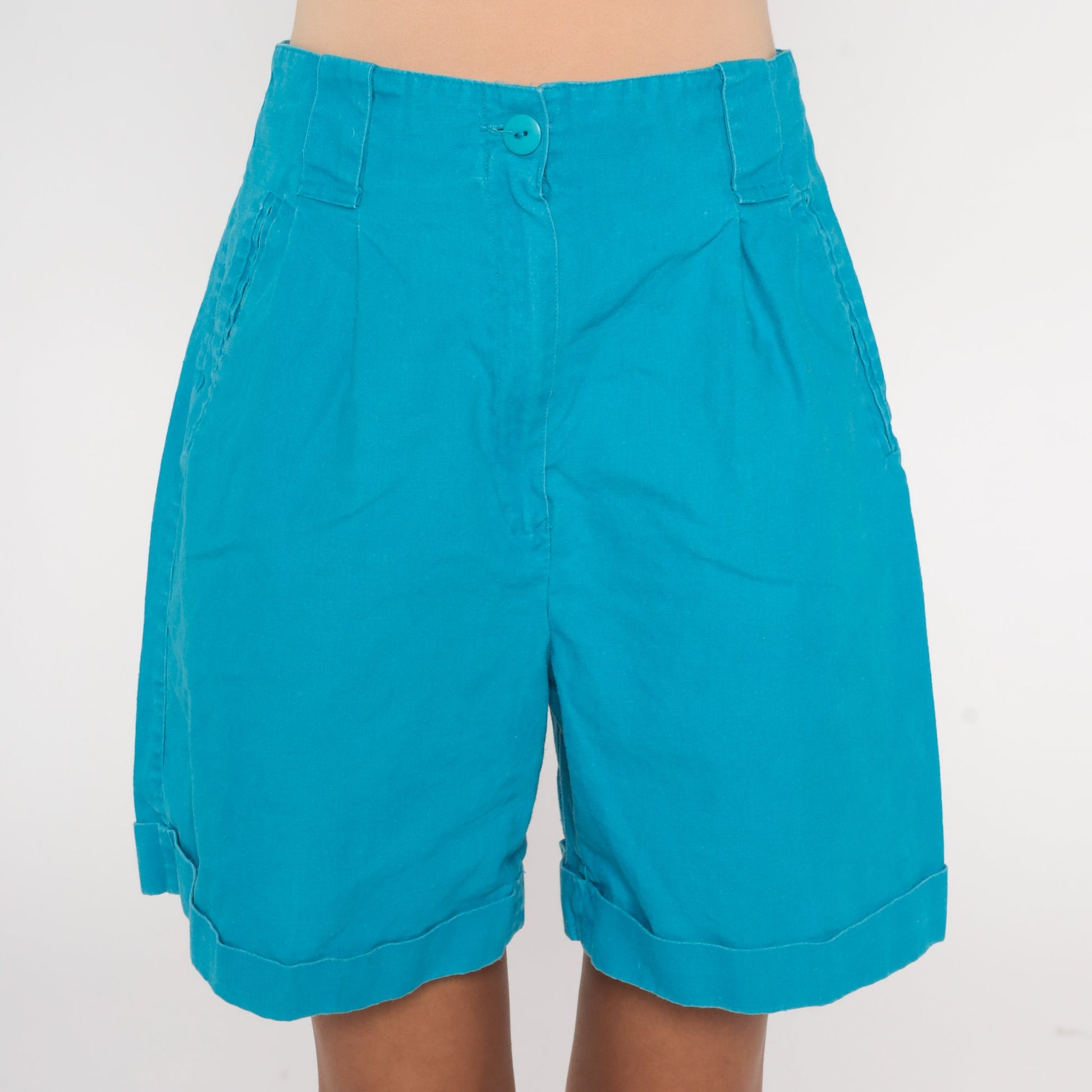 90s Blue Pleated High-Waist Shorts Cuffed Ramie Cotton Small