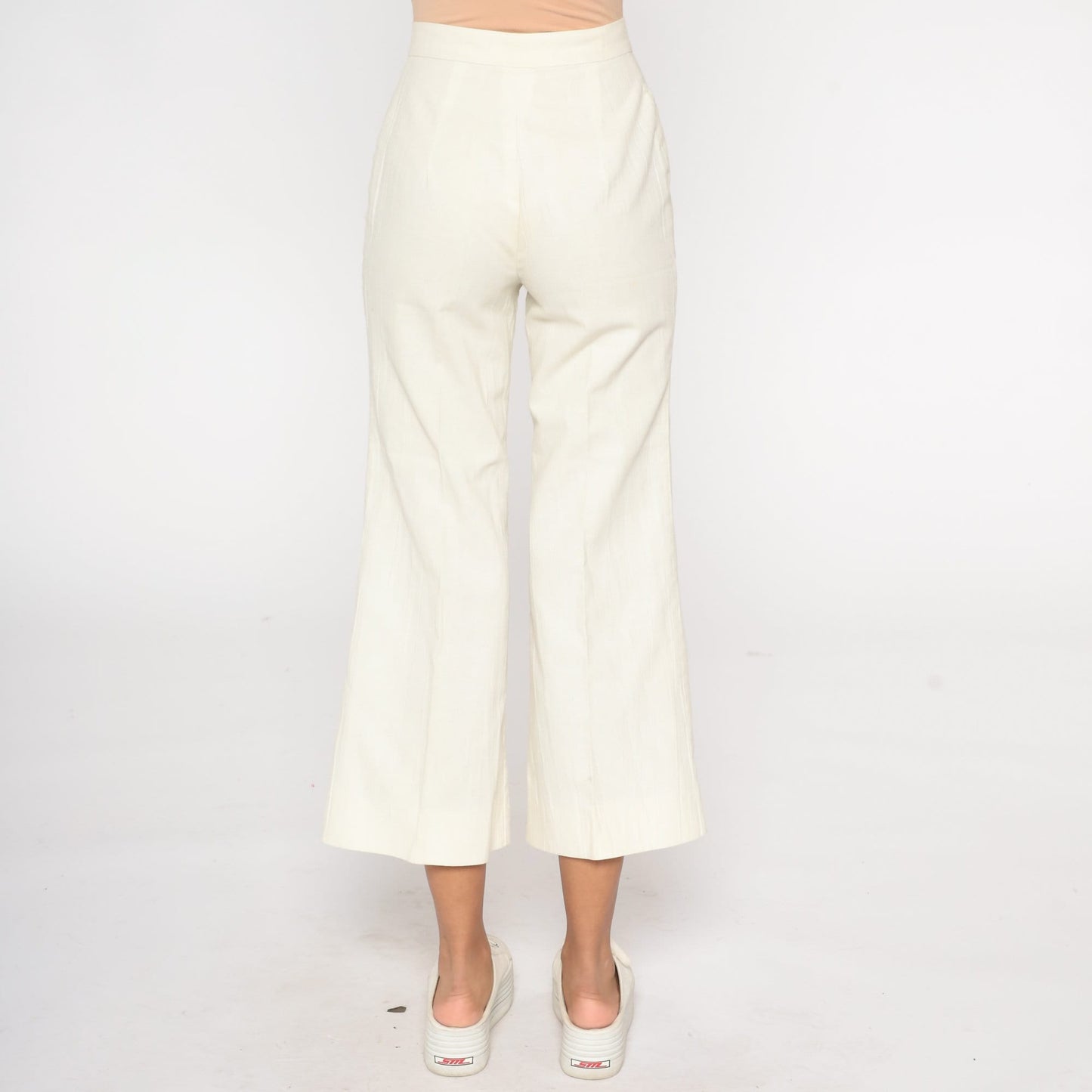 70s Bell Bottom Pants Off-White High Waist Cropped Ankle Trousers Extra Small XS