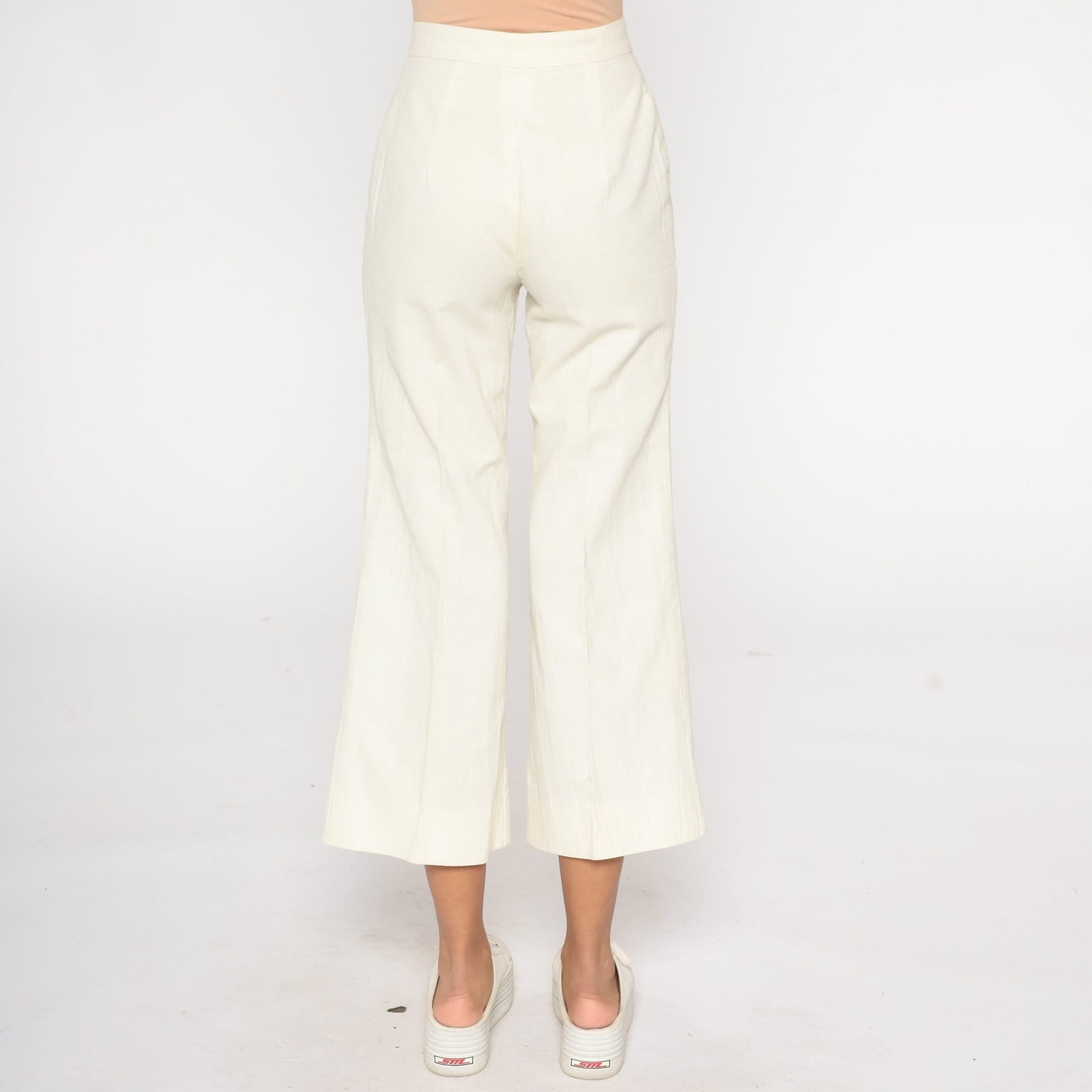 70s Bell Bottom Pants Off-White High Waist Cropped Ankle Trousers Extra Small XS