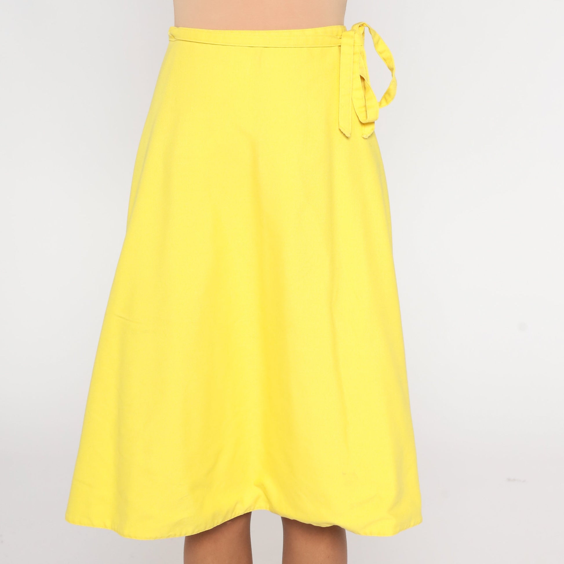 80s Yellow Wrap Skirt High Waisted Midi Cotton Blend Medium 8