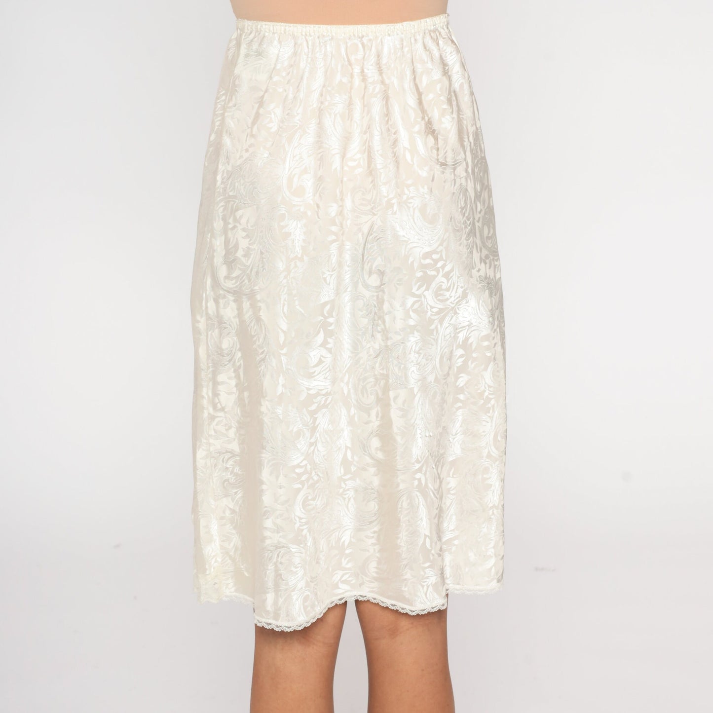 90s White Embossed Midi Slip Skirt Lace Trim High Waist Small