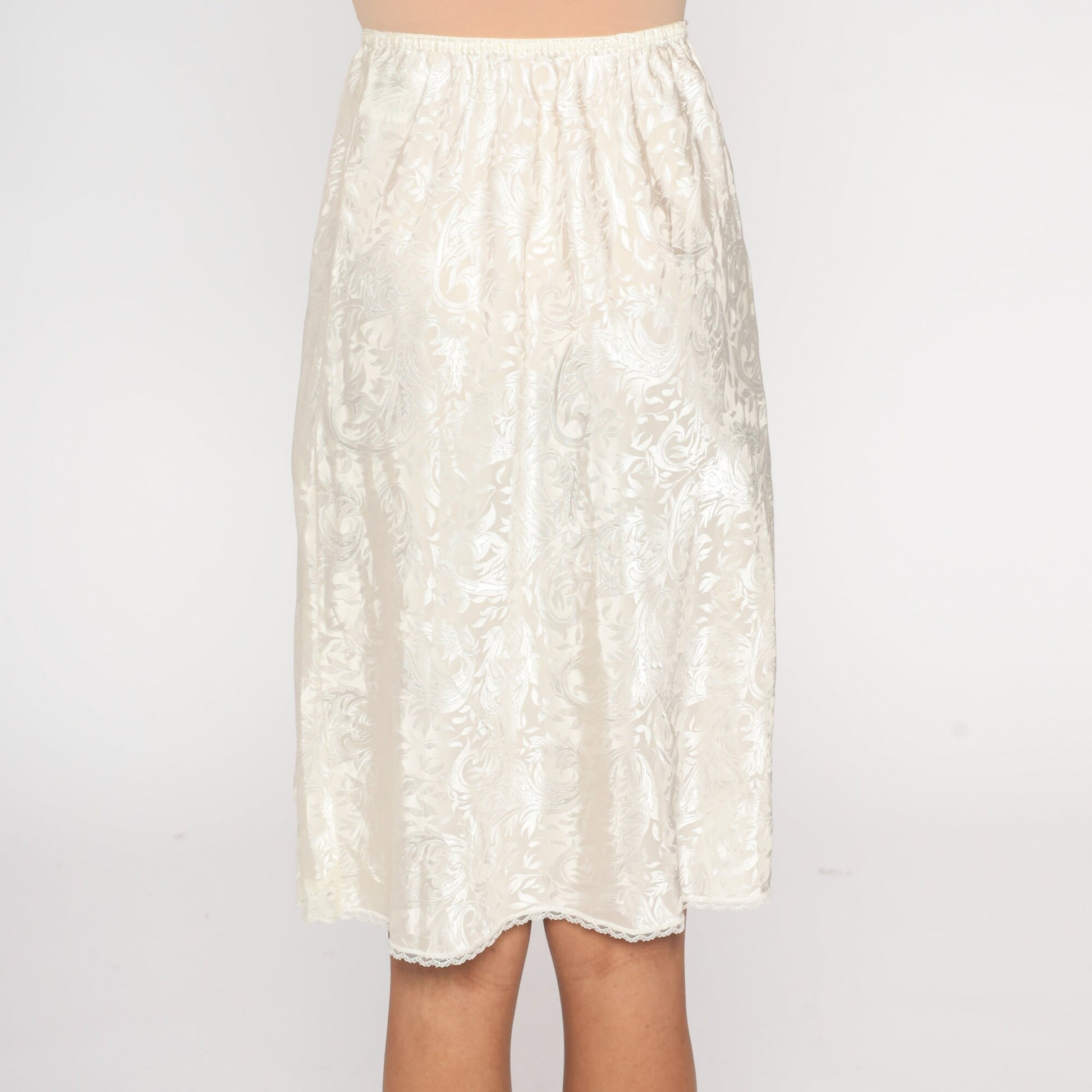 90s White Embossed Midi Slip Skirt Lace Trim High Waist Small