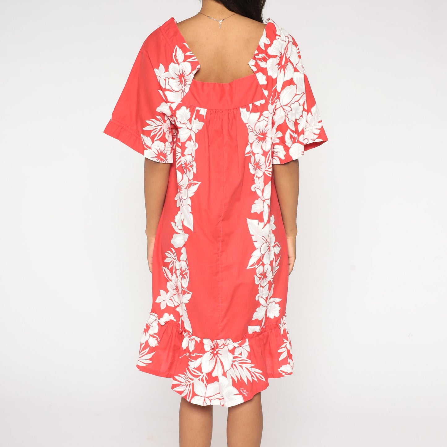 90s Hawaiian Floral Tent Dress Red Tropical Aloha Print Midi Medium