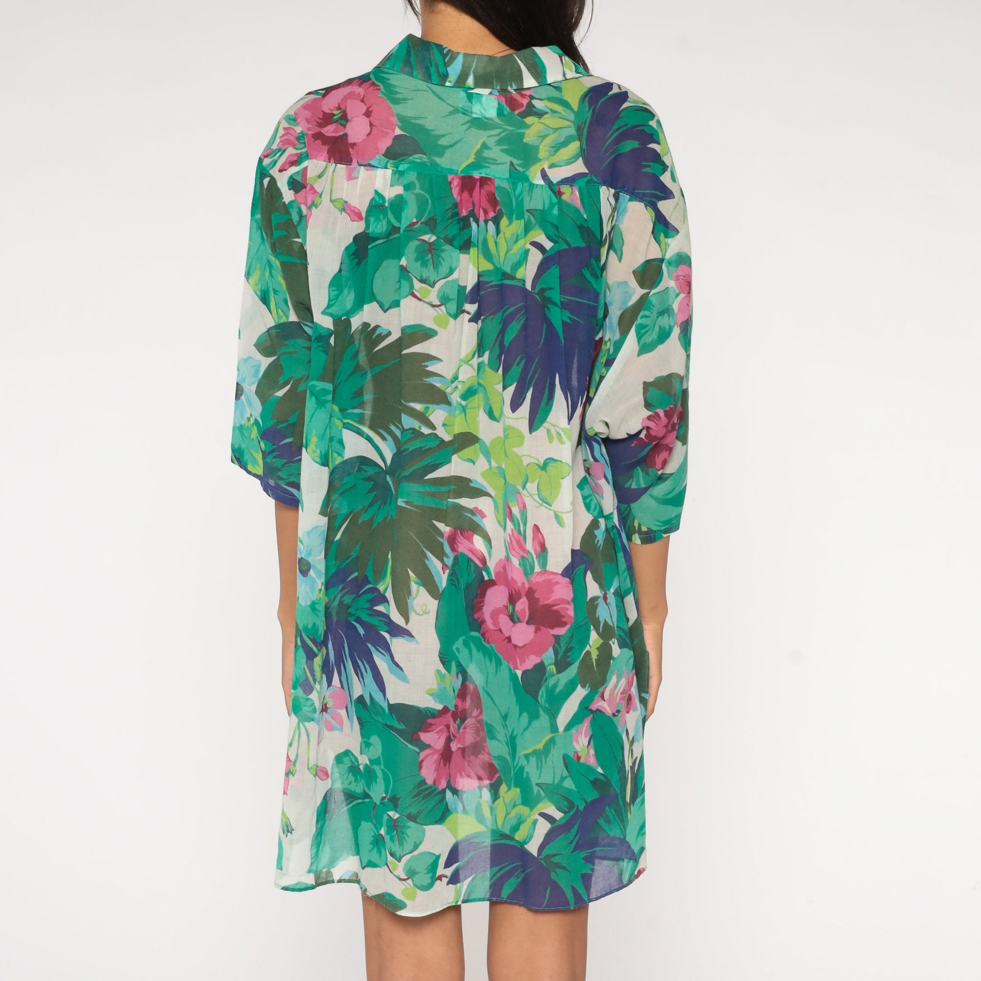 80s Floral Shirtdress White Mini Dress 3/4 Sleeve Button-Up Large