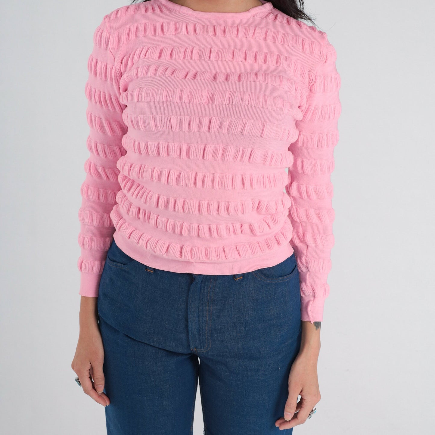 70s Bubblegum Pink Textured Knit Pullover Sweater Extra Small