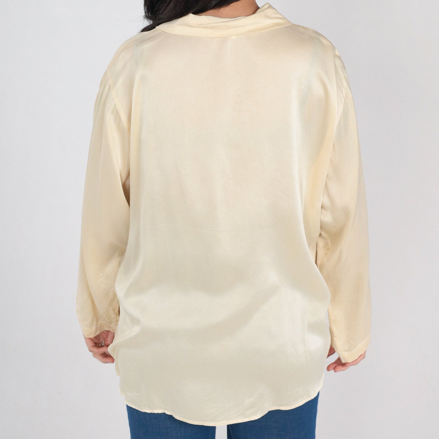 90s Cream Silk Blouse Floral Embroidered Button Up Long Sleeve Extra Large XL