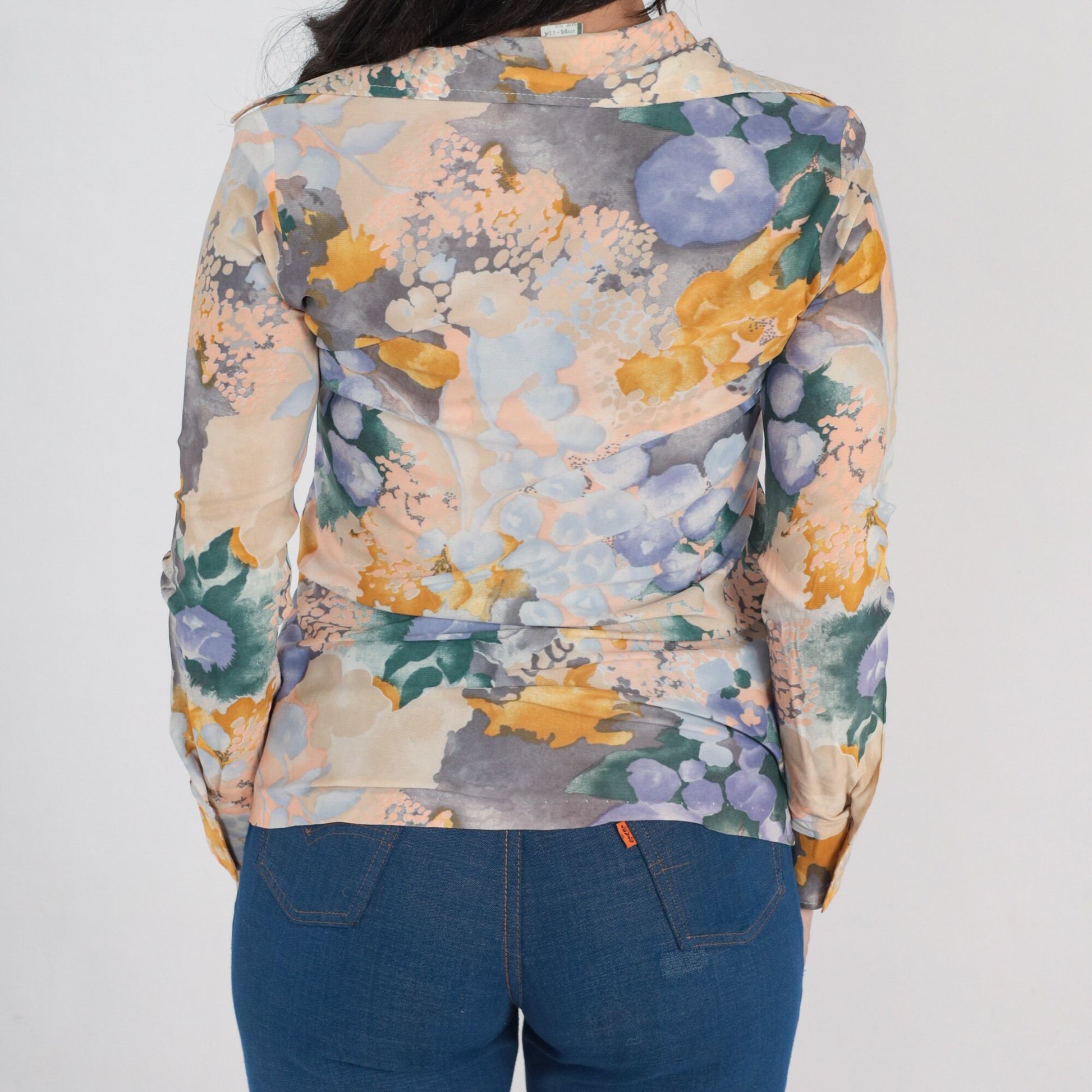 70s Watercolor Floral Button-Up Blouse Dagger Collar Long Sleeve Purple Green Extra Small
