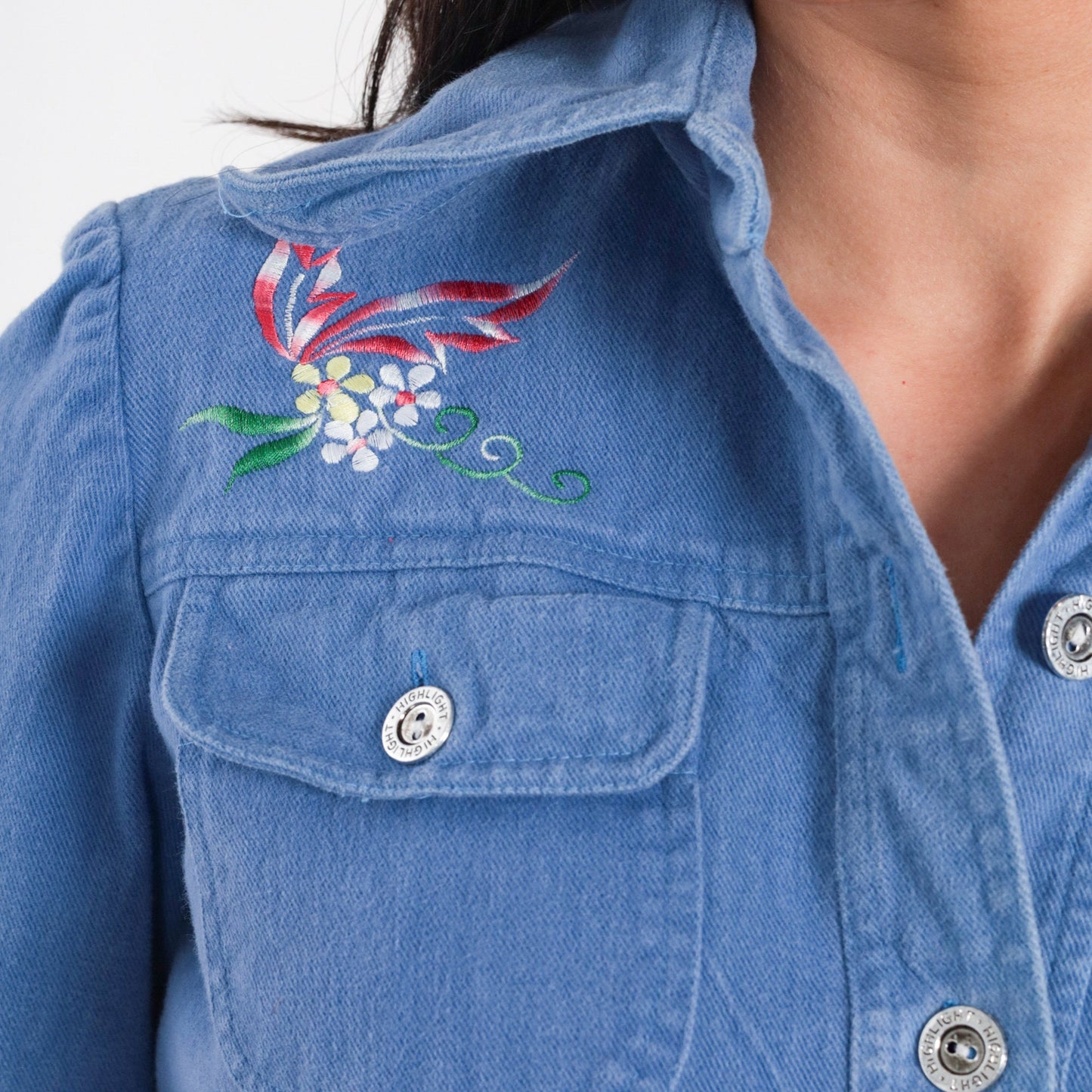 70s Floral Embroidered Denim Shirt Blue Cotton Button-Up Small
