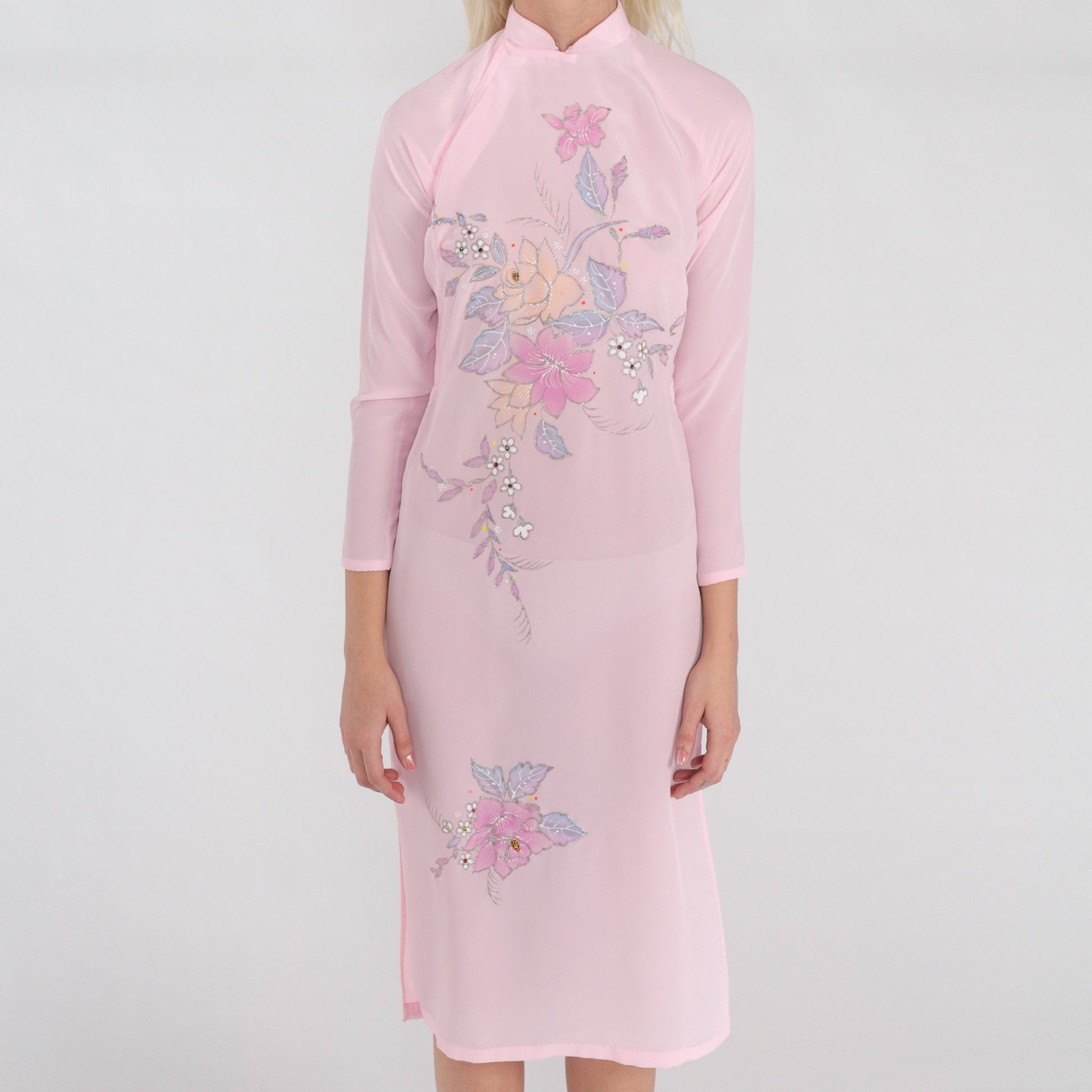 70s Ao Dai Dress Pink Floral Glitter Midi Mandarin Collar High Slit XXS