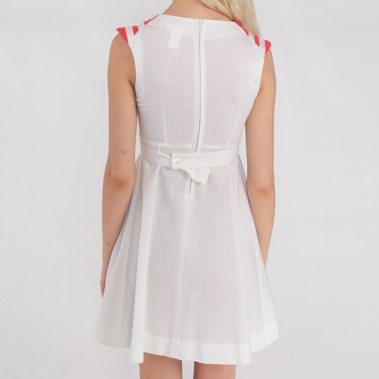 70s Nautical White Mini Dress Anchor Embroidered Red Striped Empire Waist XXS