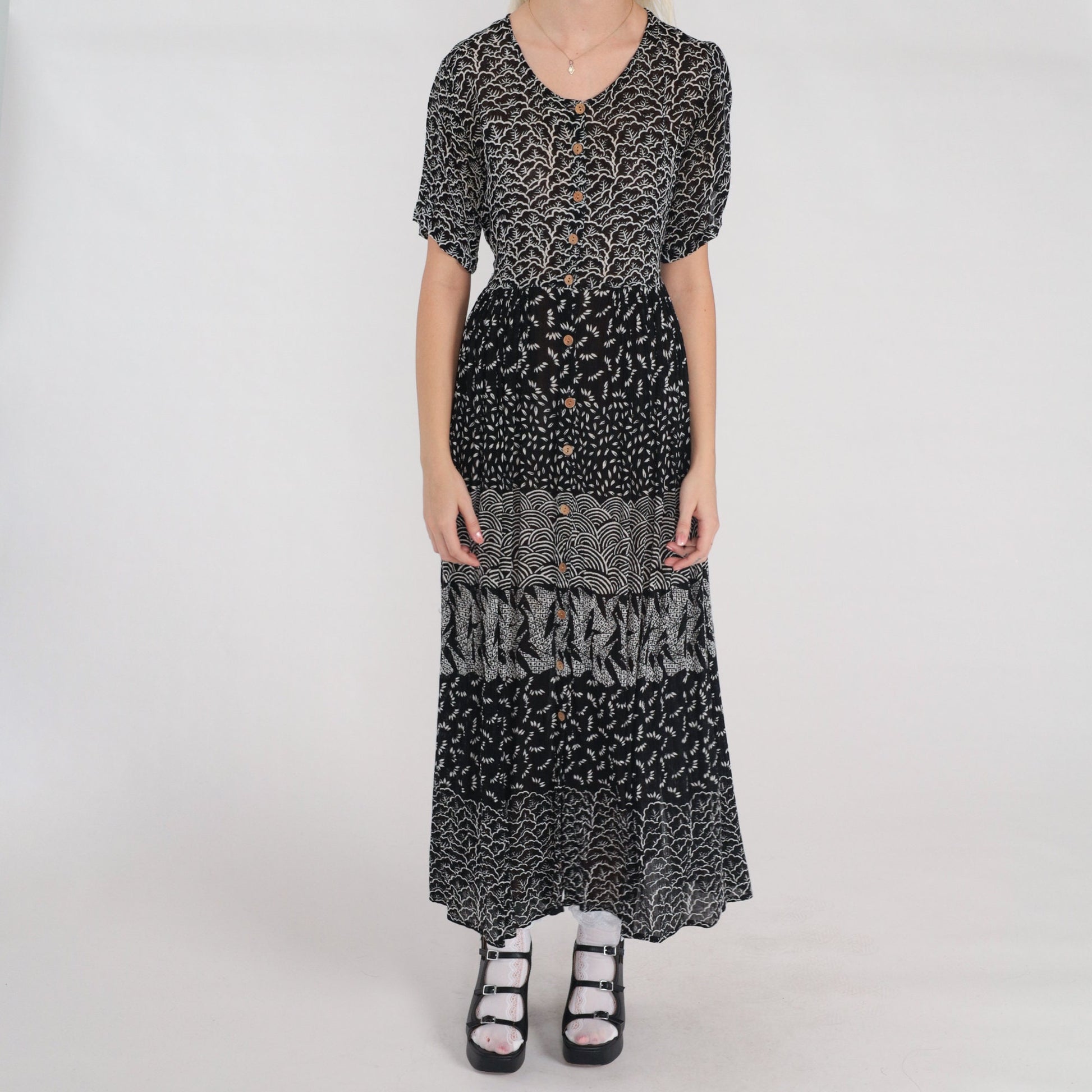 Y2K Black White Abstract Floral Maxi Dress Button Up Short Sleeve Small S