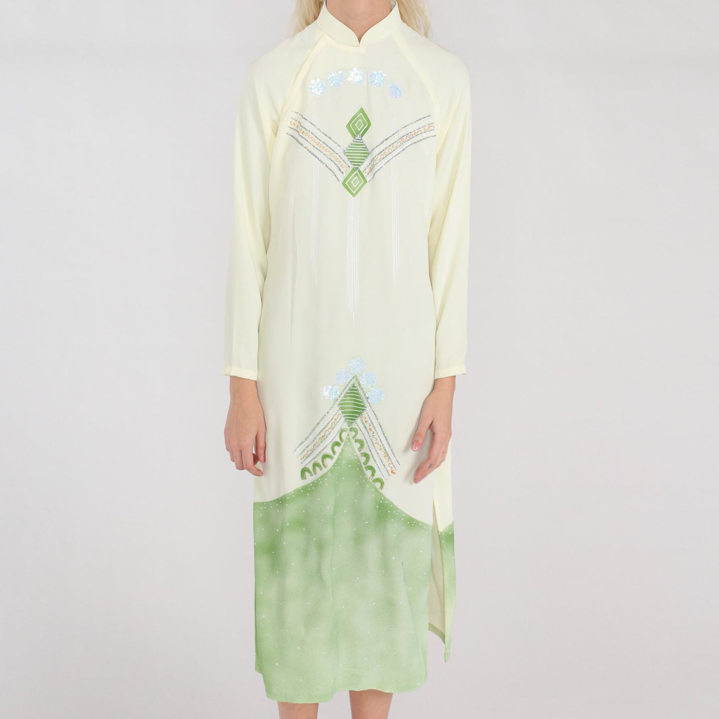 90s Vietnamese Ao Dai Midi Dress Light Yellow Mandarin Collar Long Sleeve Medium M