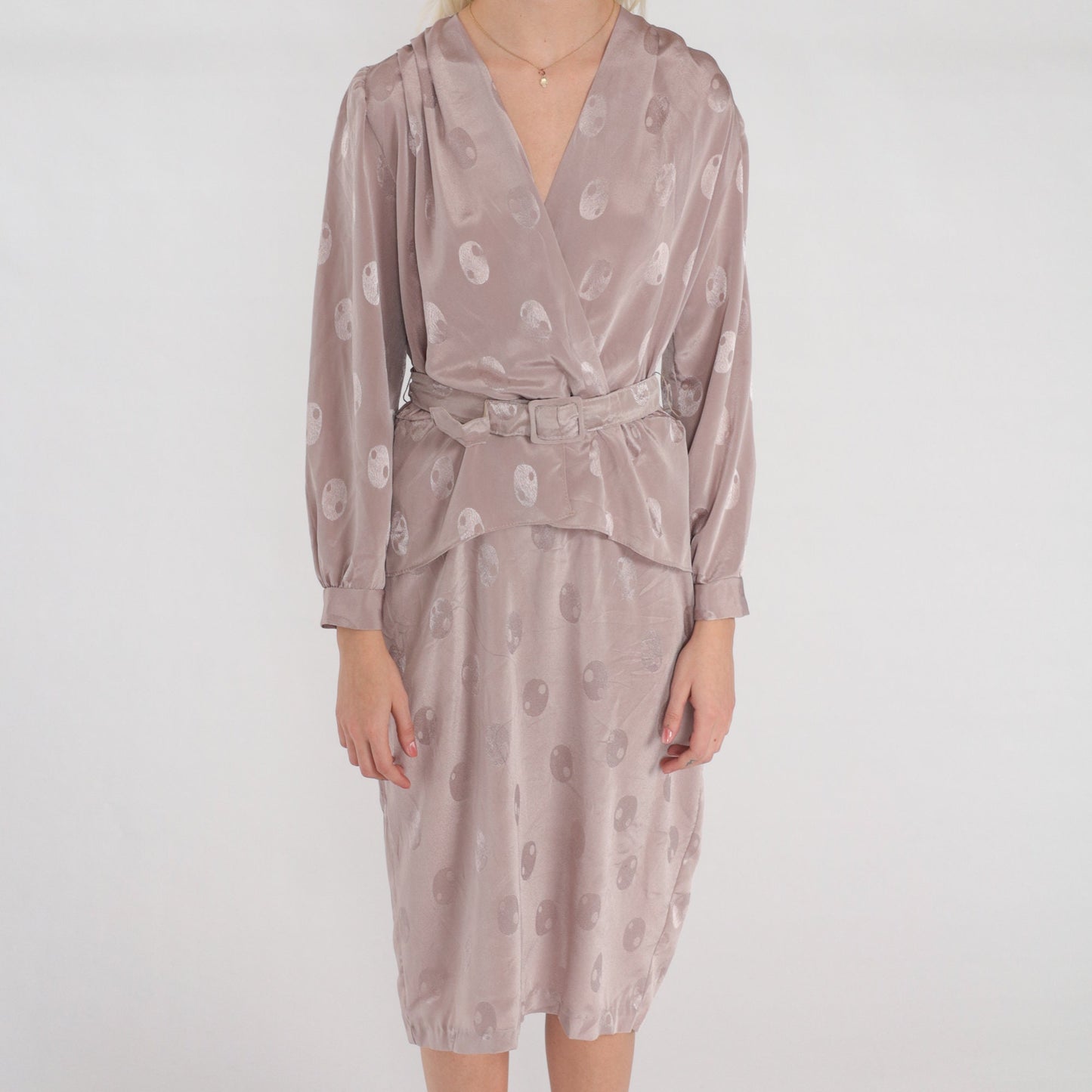 80s Taupe Peplum Midi Dress High Waist V Neck Long Sleeve Embossed Dot Small