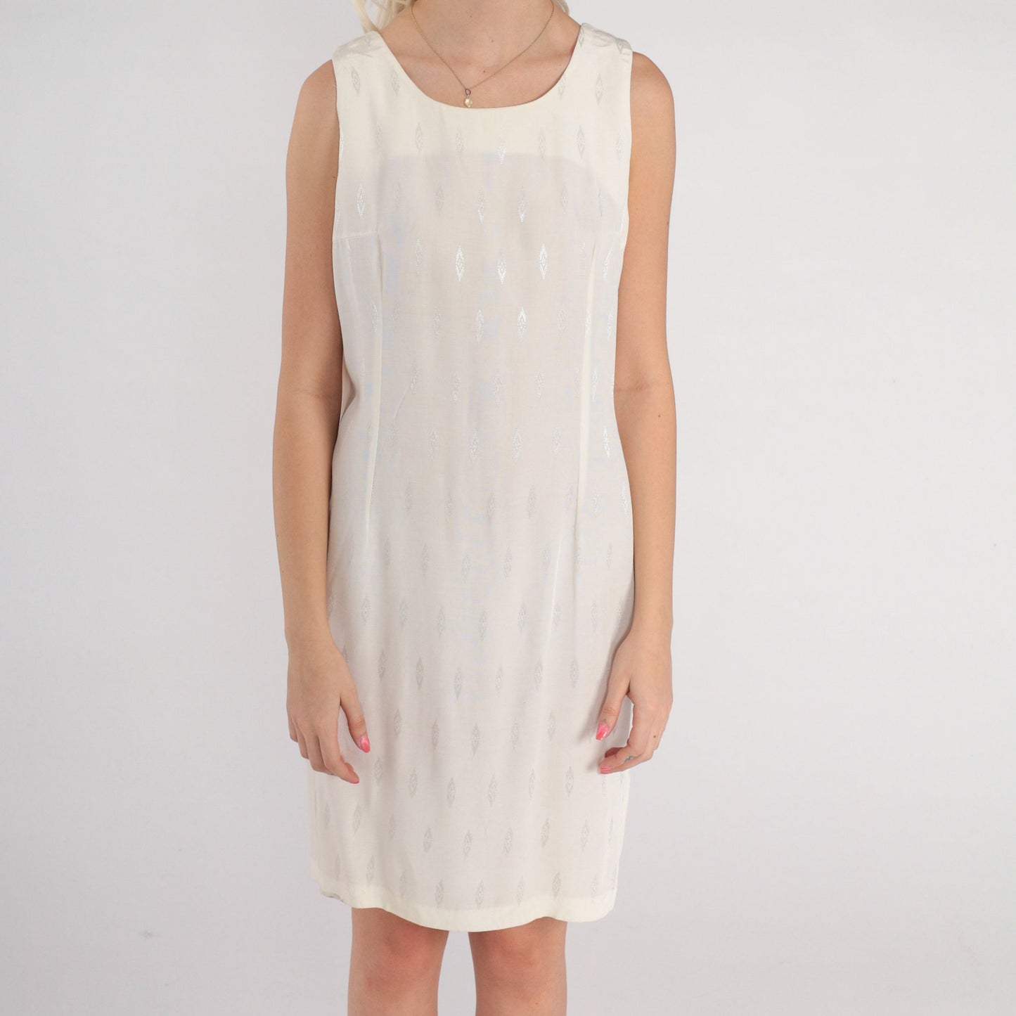 90s White Semi-Sheer Mini Shift Dress Embossed Diamond Print Sleeveless Medium M
