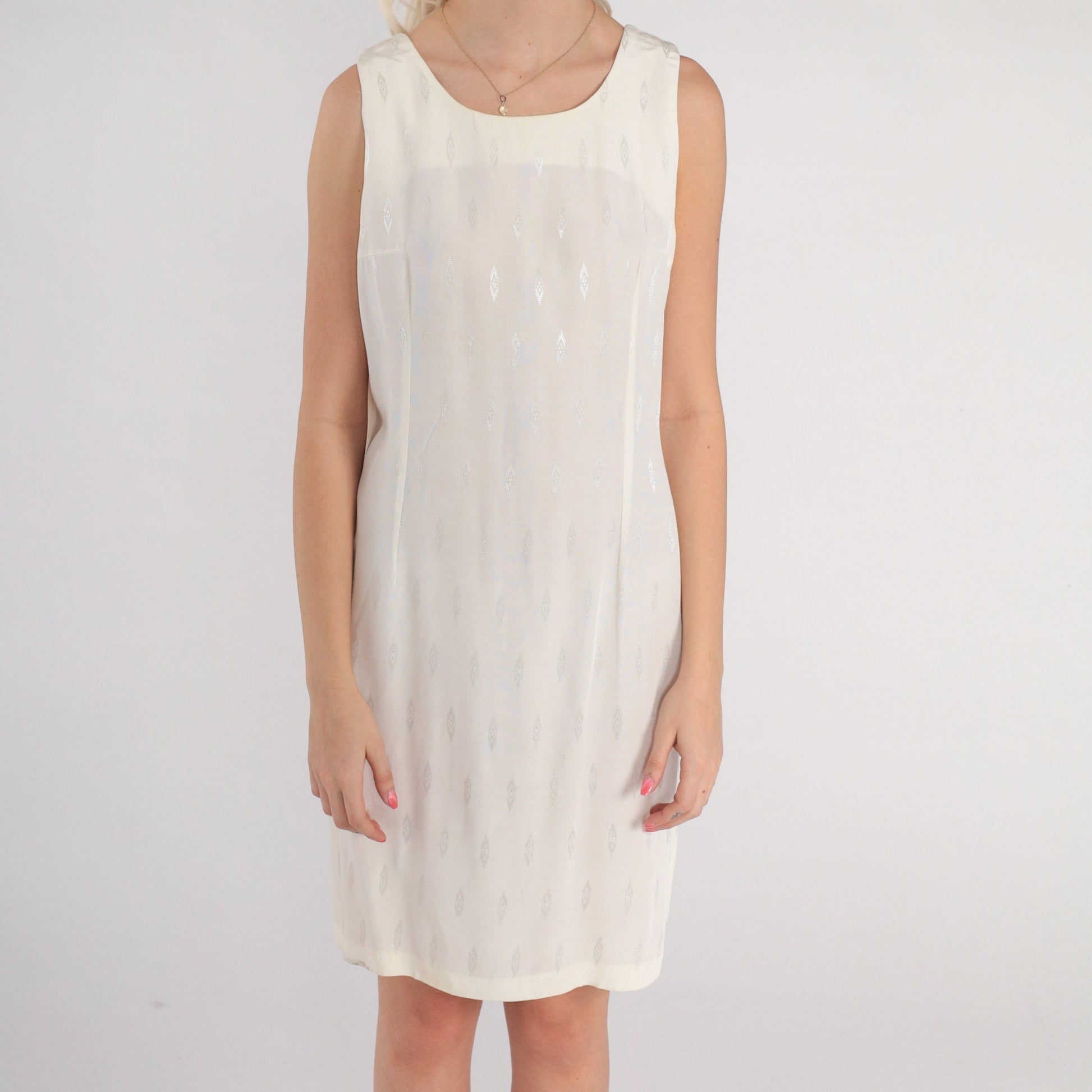 90s White Semi-Sheer Mini Shift Dress Embossed Diamond Print Sleeveless Medium M