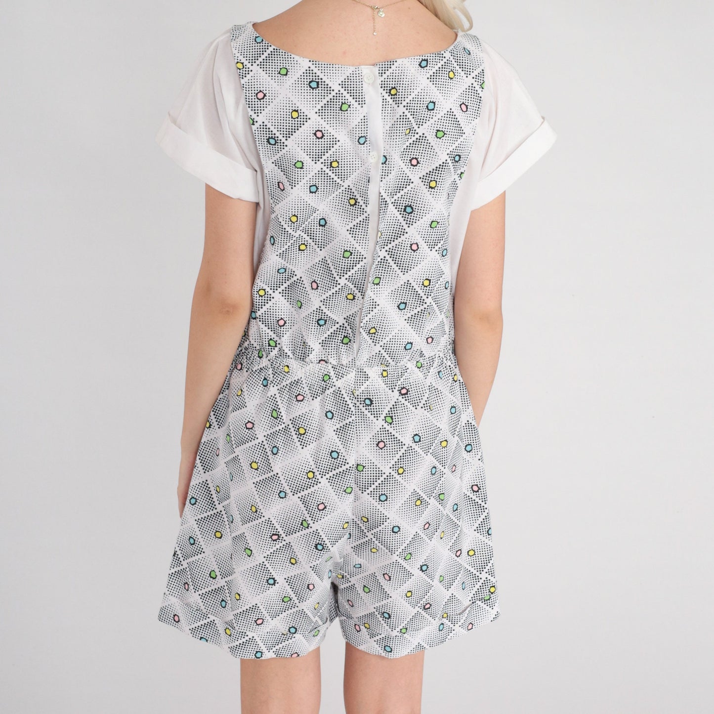 80s White Geometric Diamond Dot Romper Playsuit Cuffed Sleeve Medium M
