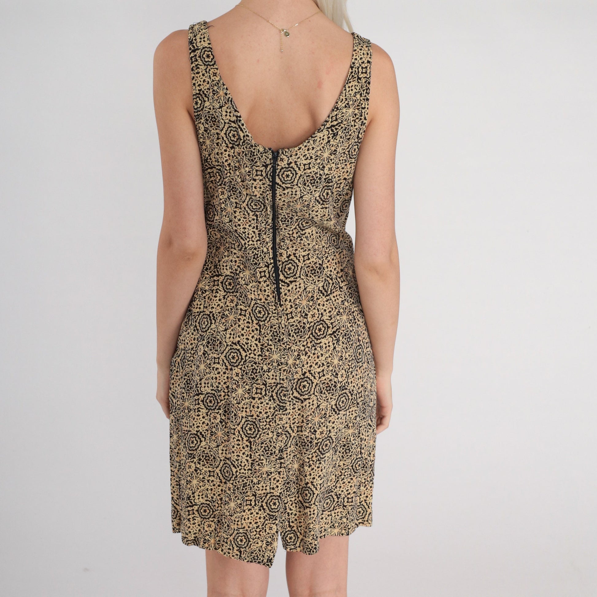 90s Abstract Geometric Print V-Neck Wrap Minidress Beige Black Sleeveless Medium M