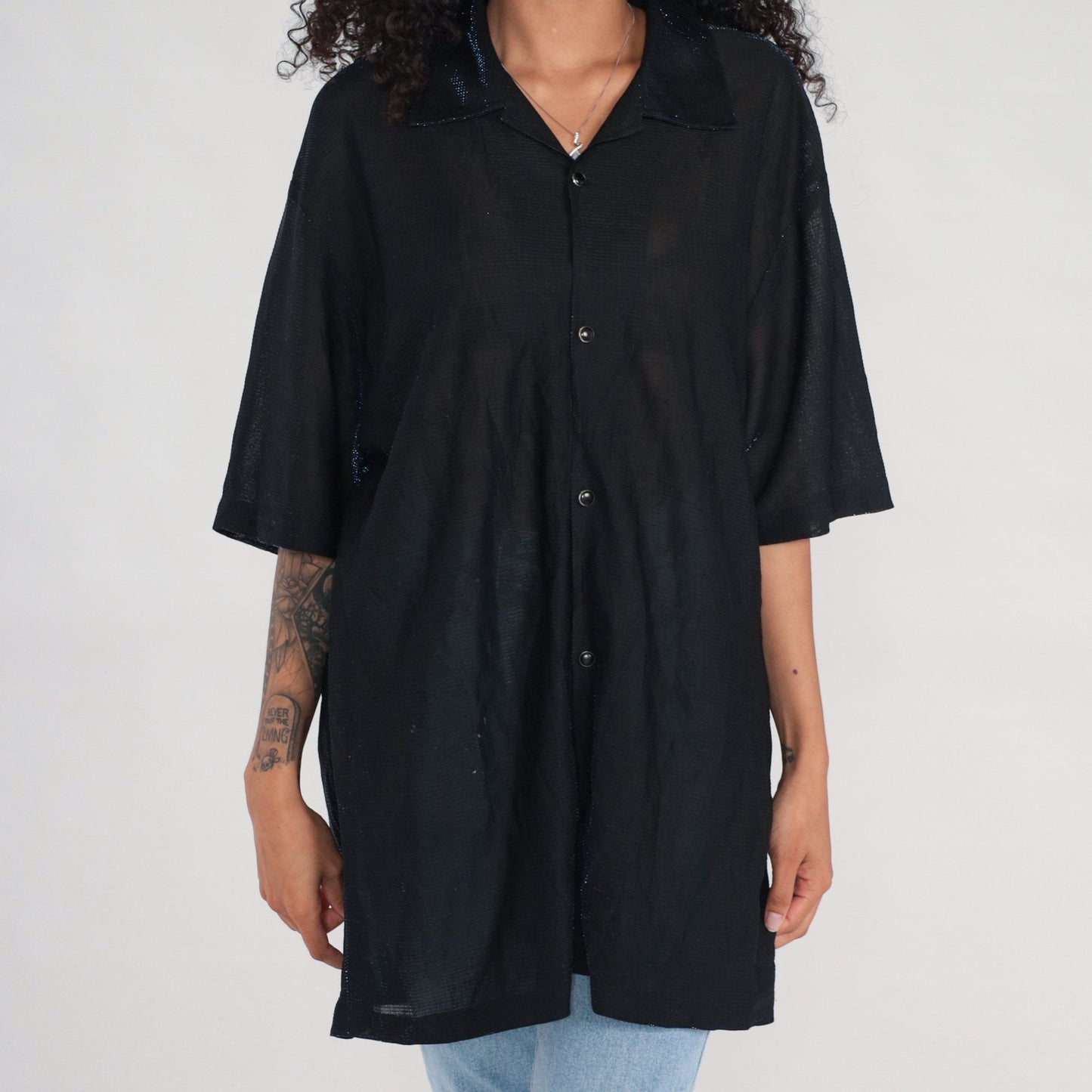 90s Metallic Blue Sparkle Sheer Black Button-Up Blouse Short Sleeve Extra Large XXL