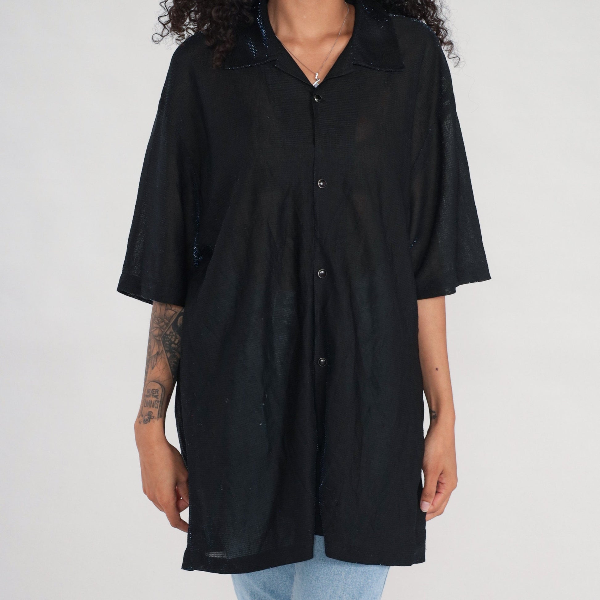 90s Metallic Blue Sparkle Sheer Black Button-Up Blouse Short Sleeve Extra Large XXL