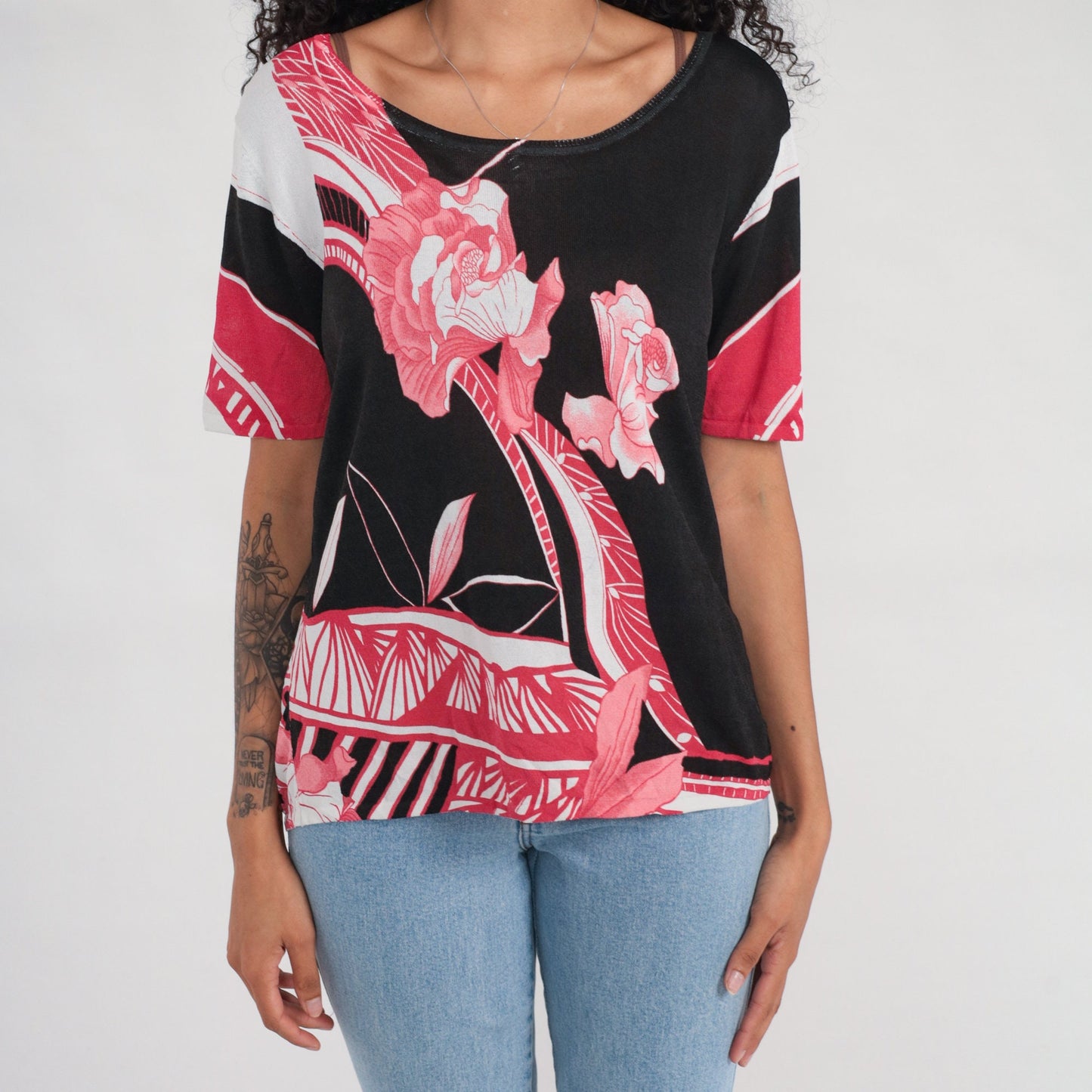 Y2K Floral Knit Shirt Black Pink Abstract Short Sleeve Extra Large
