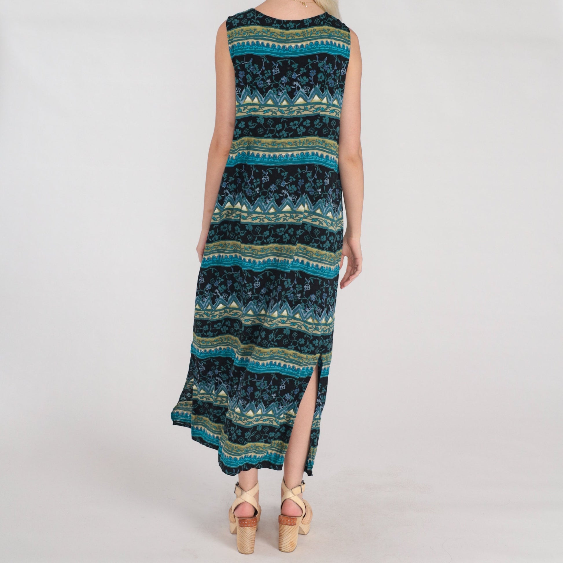 Y2K Striped Floral Maxi Dress Sleeveless Shift Black Blue Side Slit Large L