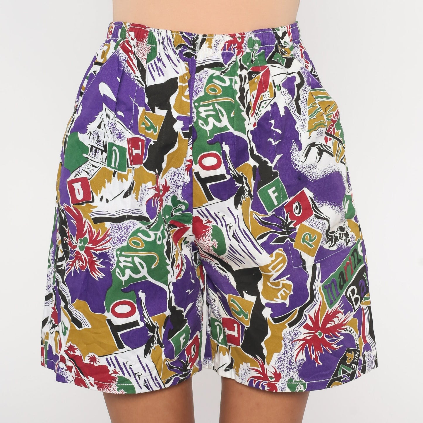 80s Tropical Print Shorts Purple High-Waist Elastic Waist Small Medium