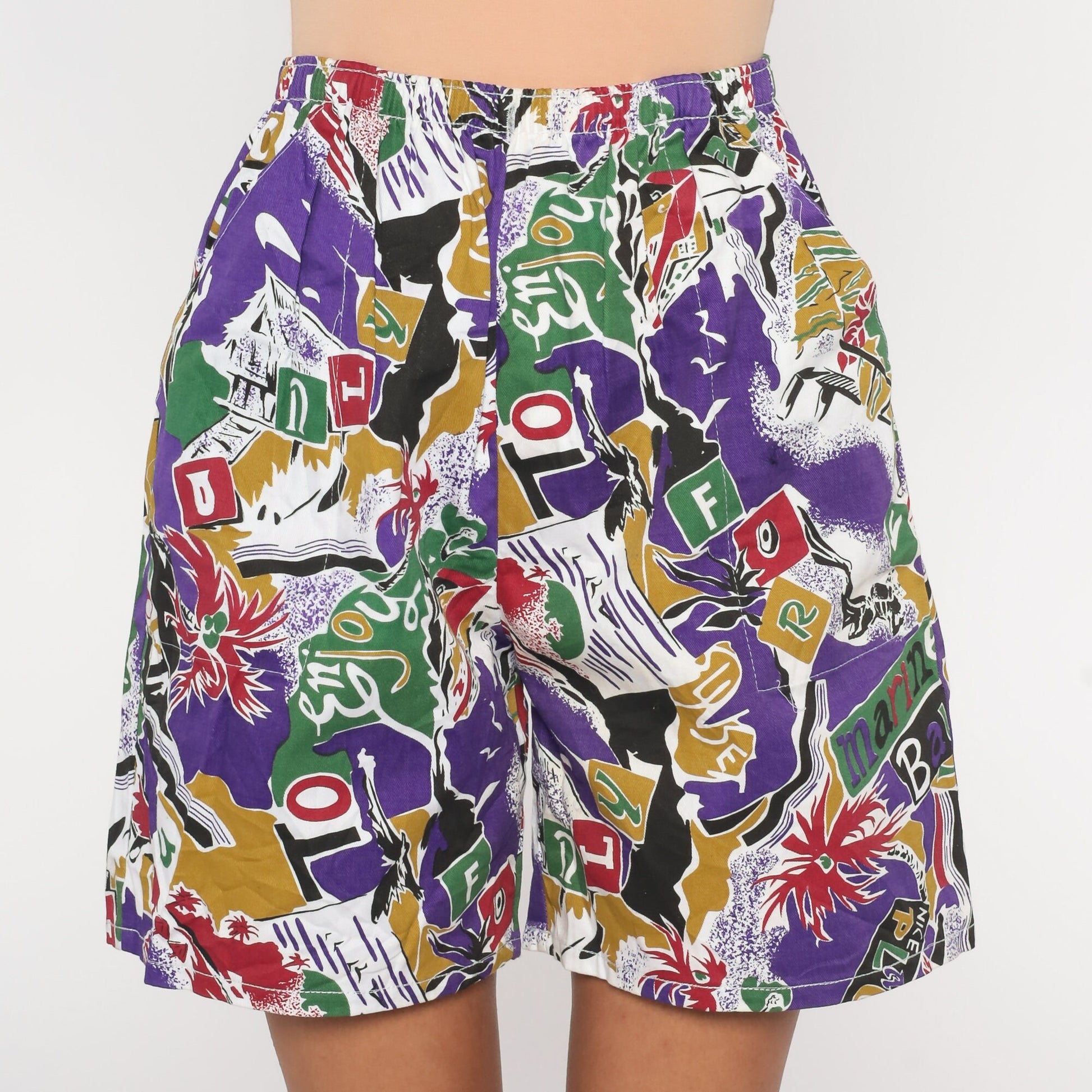 80s Tropical Print Shorts Purple High-Waist Elastic Waist Small Medium