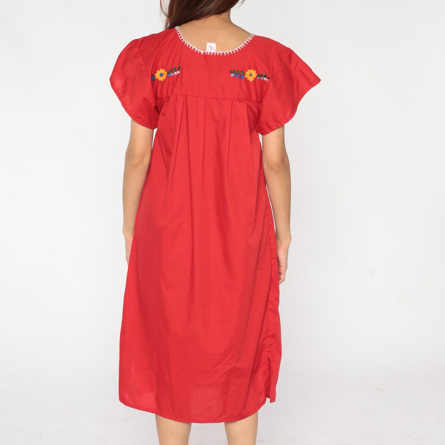 90s Mexican Embroidered Floral Midi Dress Red Cotton Small S