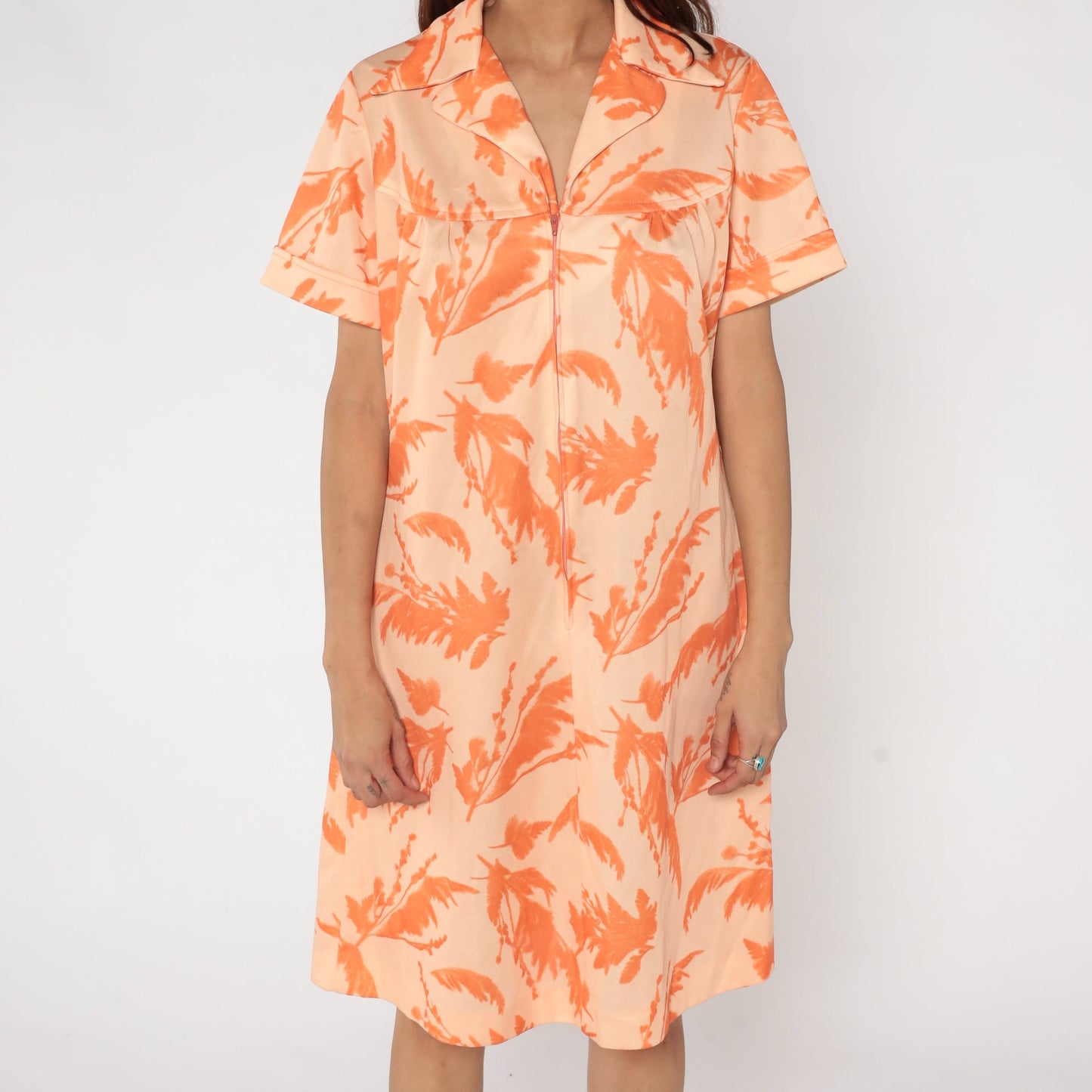60s Orange Floral Shift Dress Feather Print Zip Front Knee Length XL