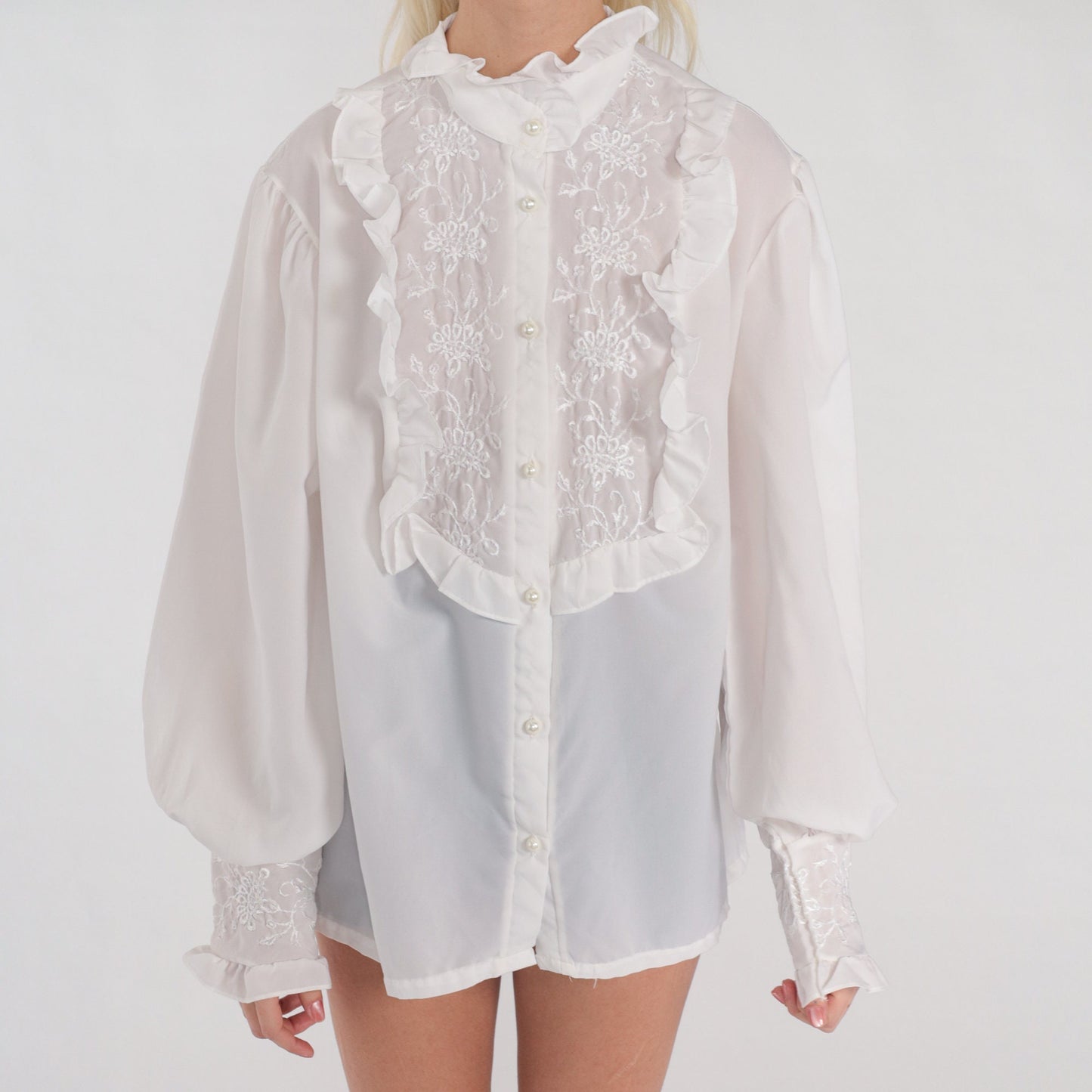 70s White Semi-Sheer Blouse Floral Embroidered Ruffled Bib High Neck Large L