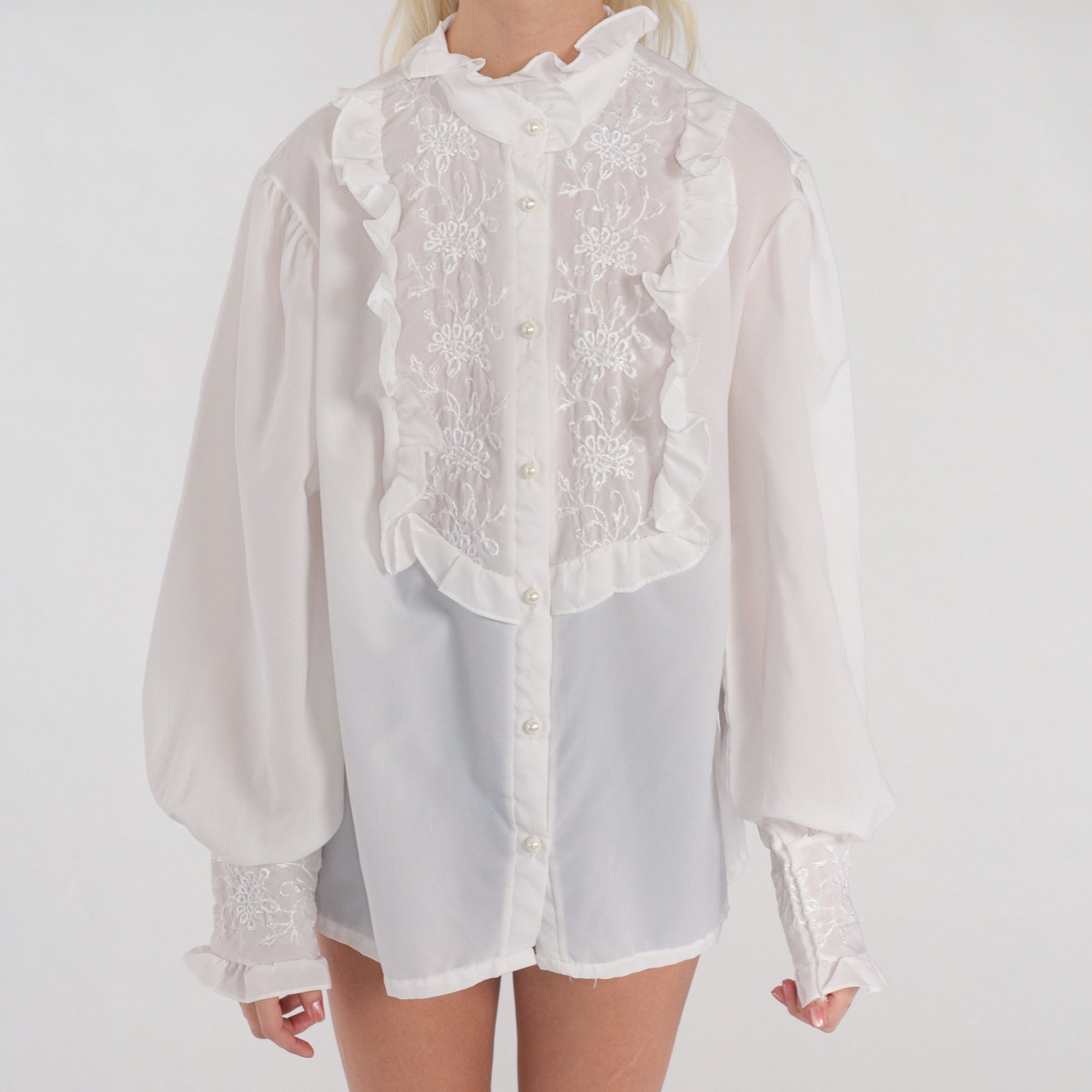 70s White Semi-Sheer Blouse Floral Embroidered Ruffled Bib High Neck Large L