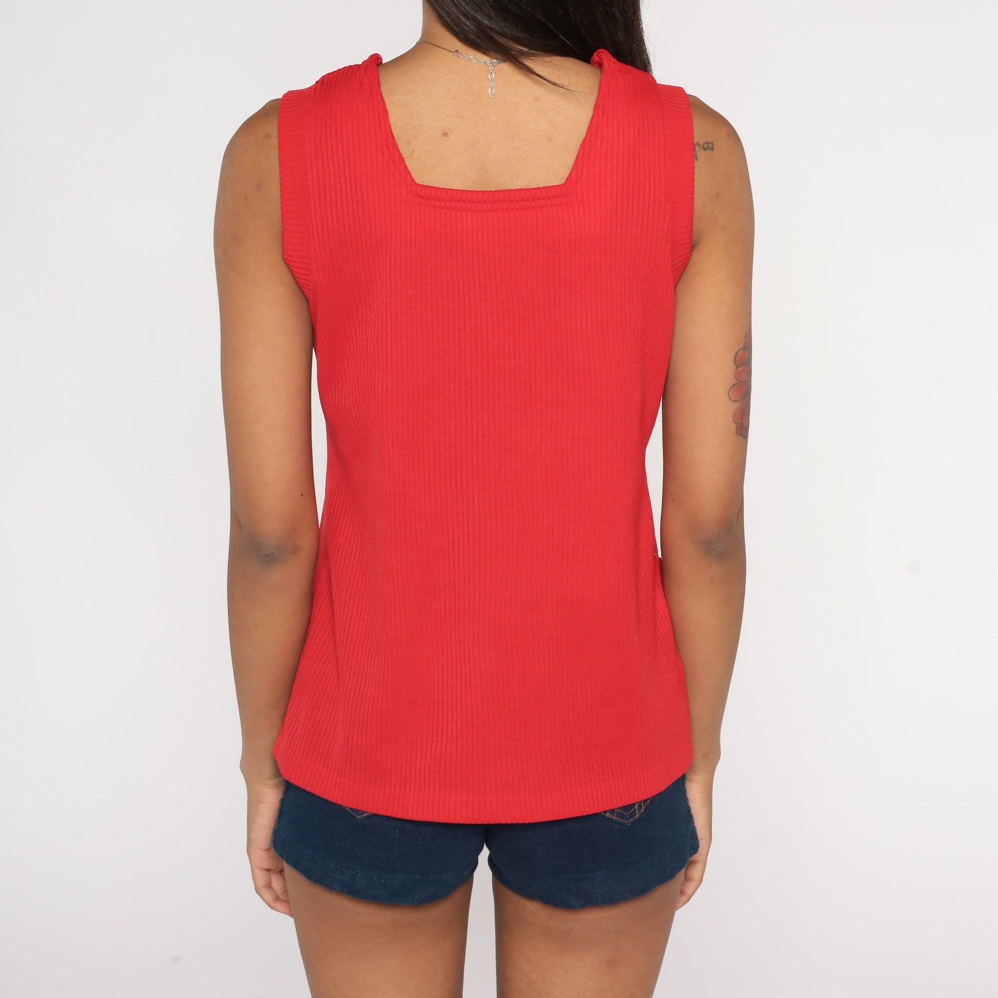70s Red Ribbed Tank Top Pocket Sleeveless Knit Blouse Small Medium