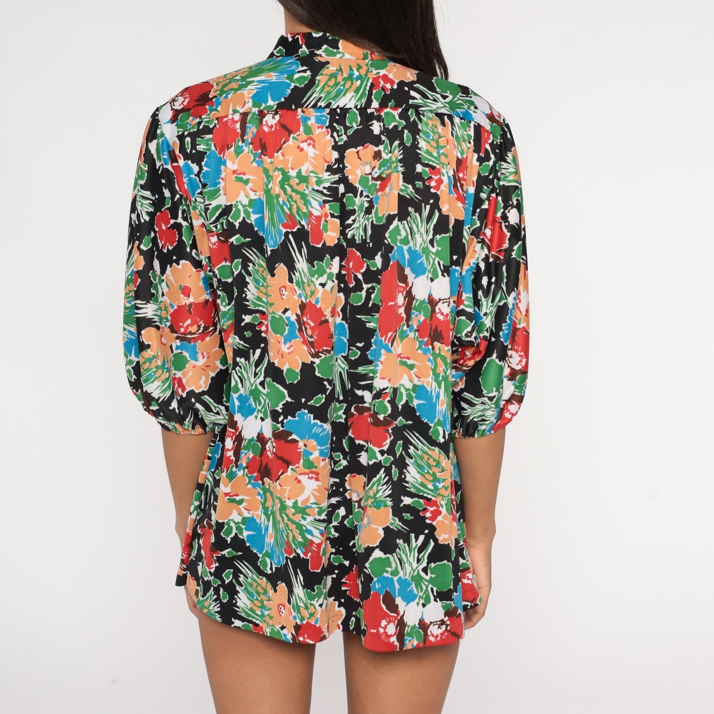 70s Floral Button-Up Blouse Black Multicolored Flower Print 3/4 Sleeve Extra Large