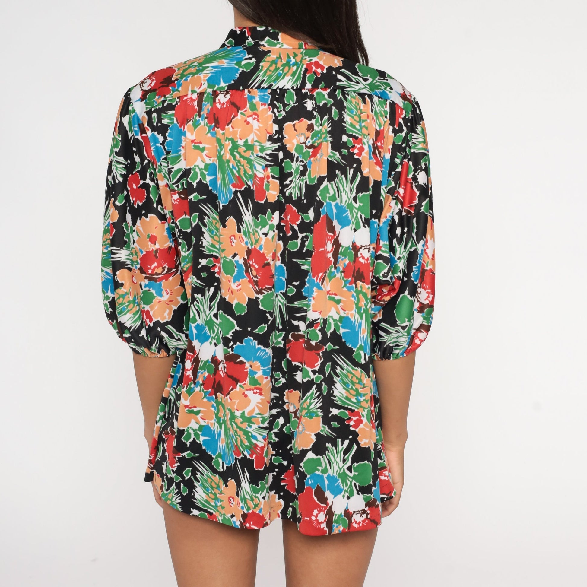 70s Floral Button-Up Blouse Black Multicolored Flower Print 3/4 Sleeve Extra Large