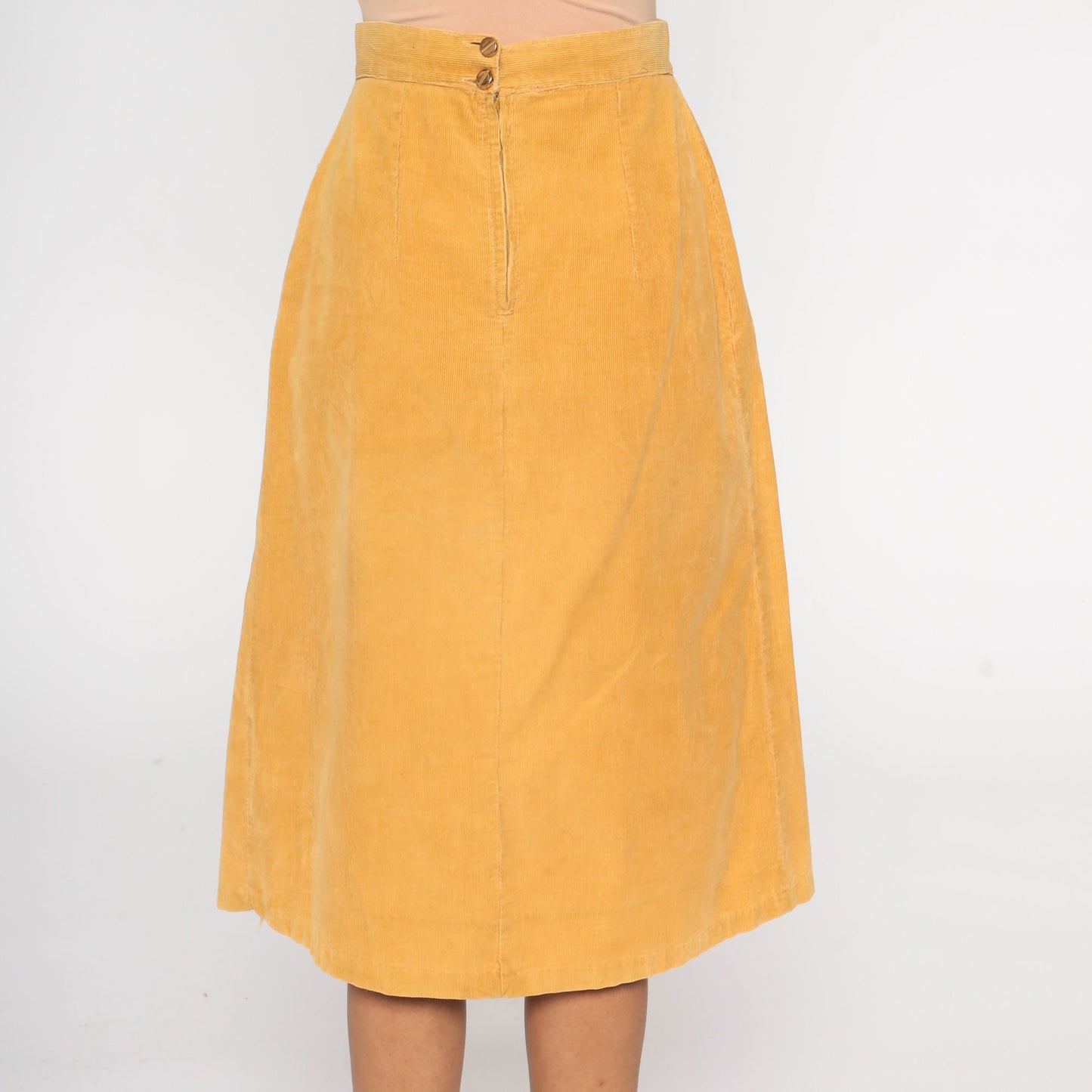 80s Mustard Yellow Corduroy Midi Skirt High Waist Pockets Extra Small