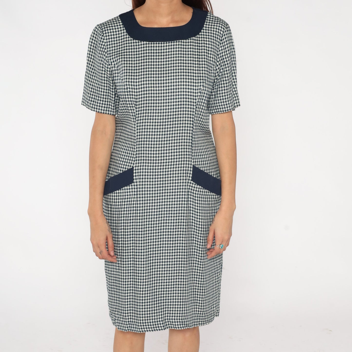 90s Gingham Shift Dress White Navy Checkered Mini Pocket Short Sleeve Medium