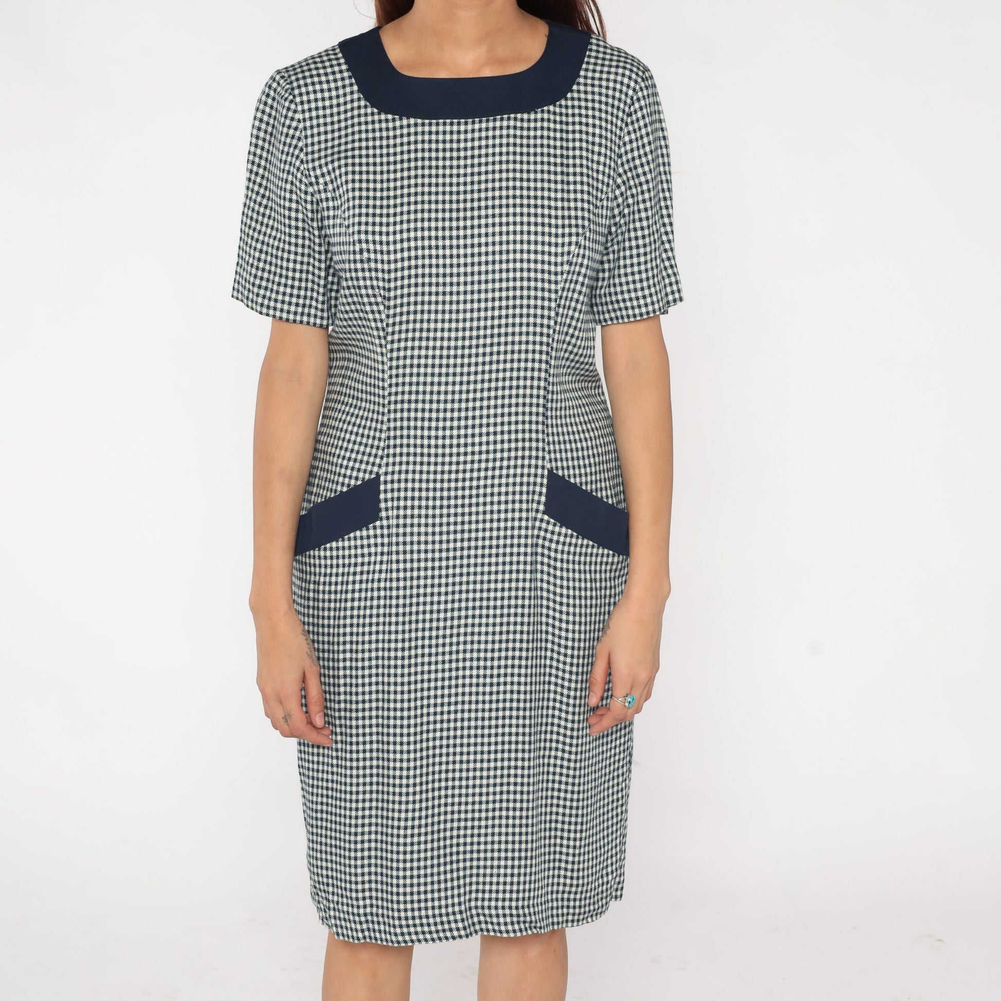 90s Gingham Shift Dress White Navy Checkered Mini Pocket Short Sleeve Medium