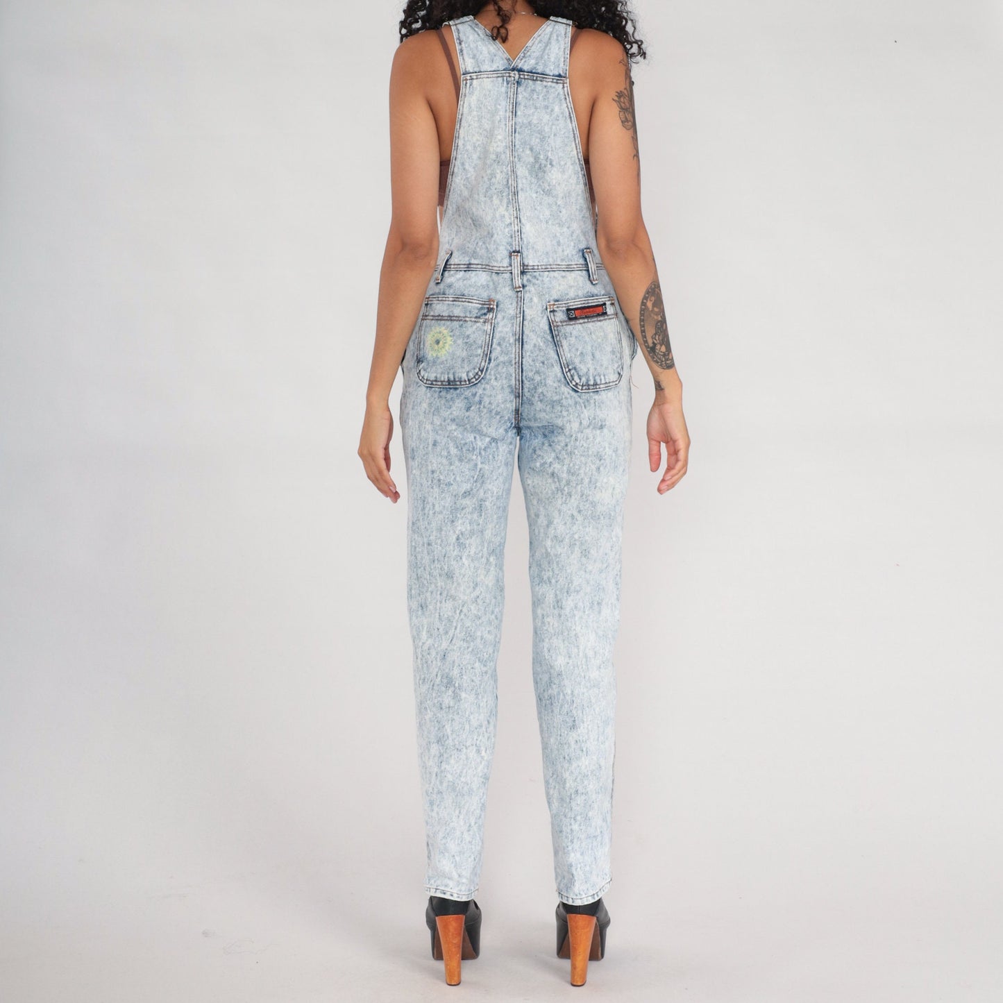 90s Acid Wash Denim Overalls Neon Floral Hand Painted Tapered Bib Small