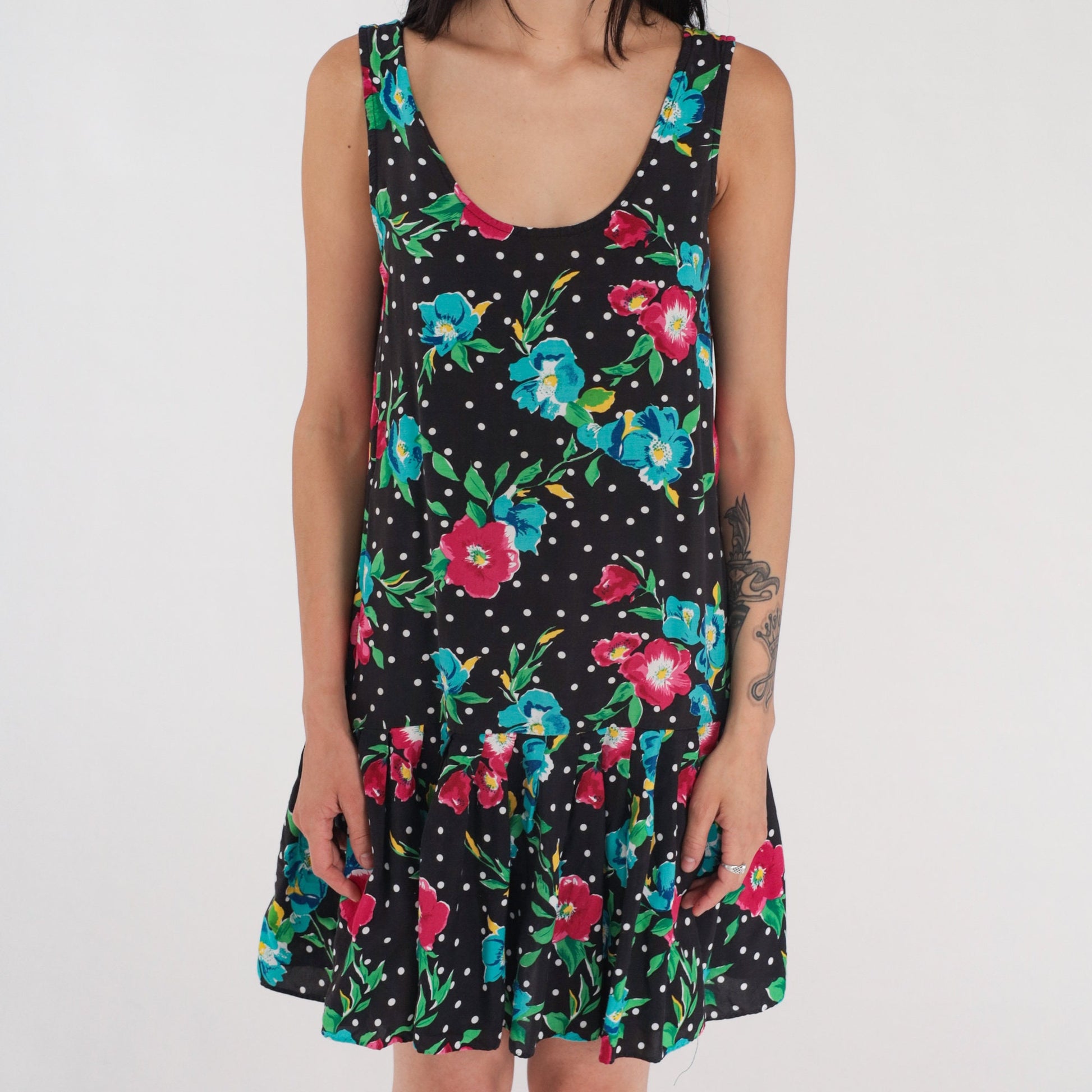 90s Black Floral Polka Dot Mini Dress Drop Waist Ruffle Sleeveless Small