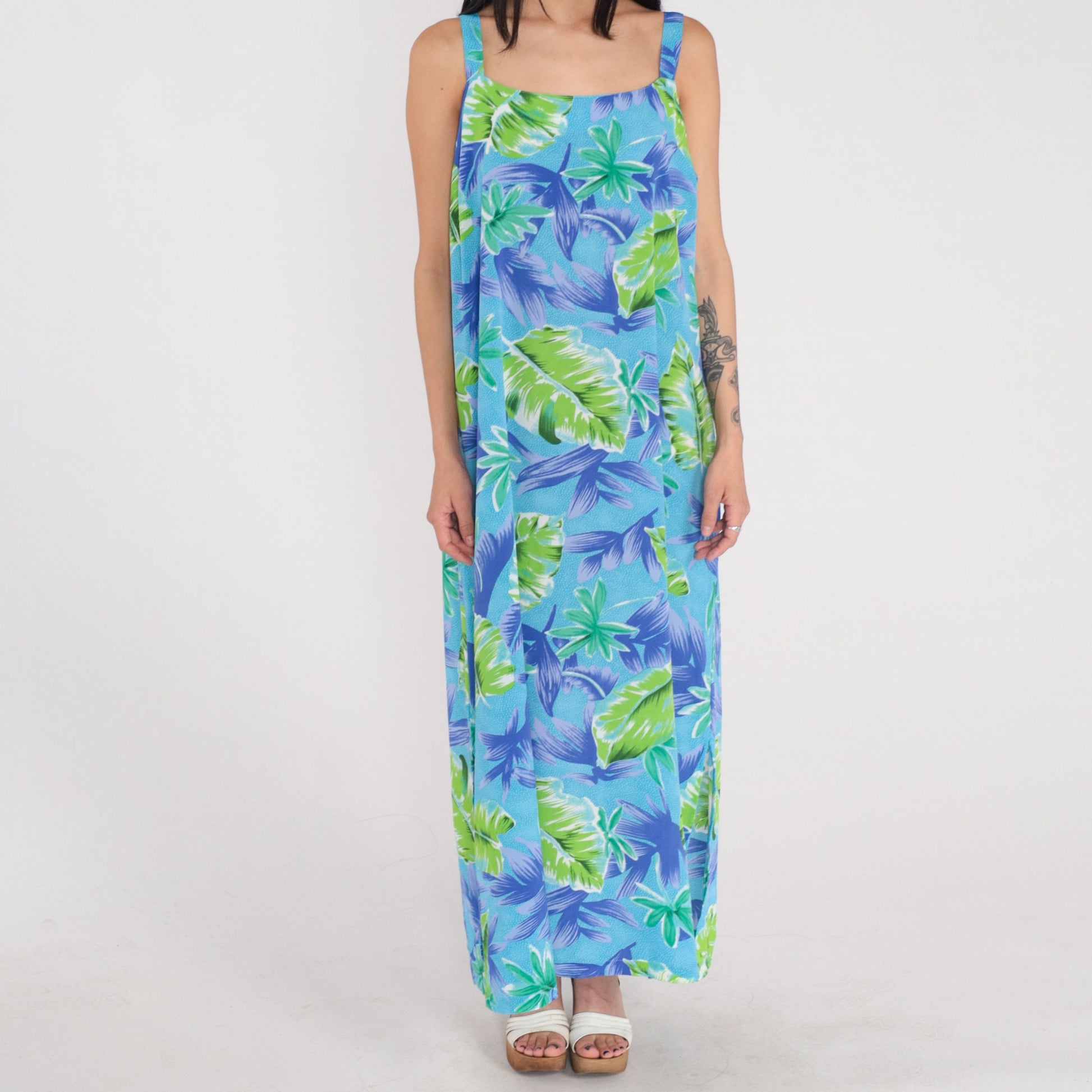 90s Hawaiian Maxi Dress Tropical Leaf Print Blue Green Purple Sleeveless XXL