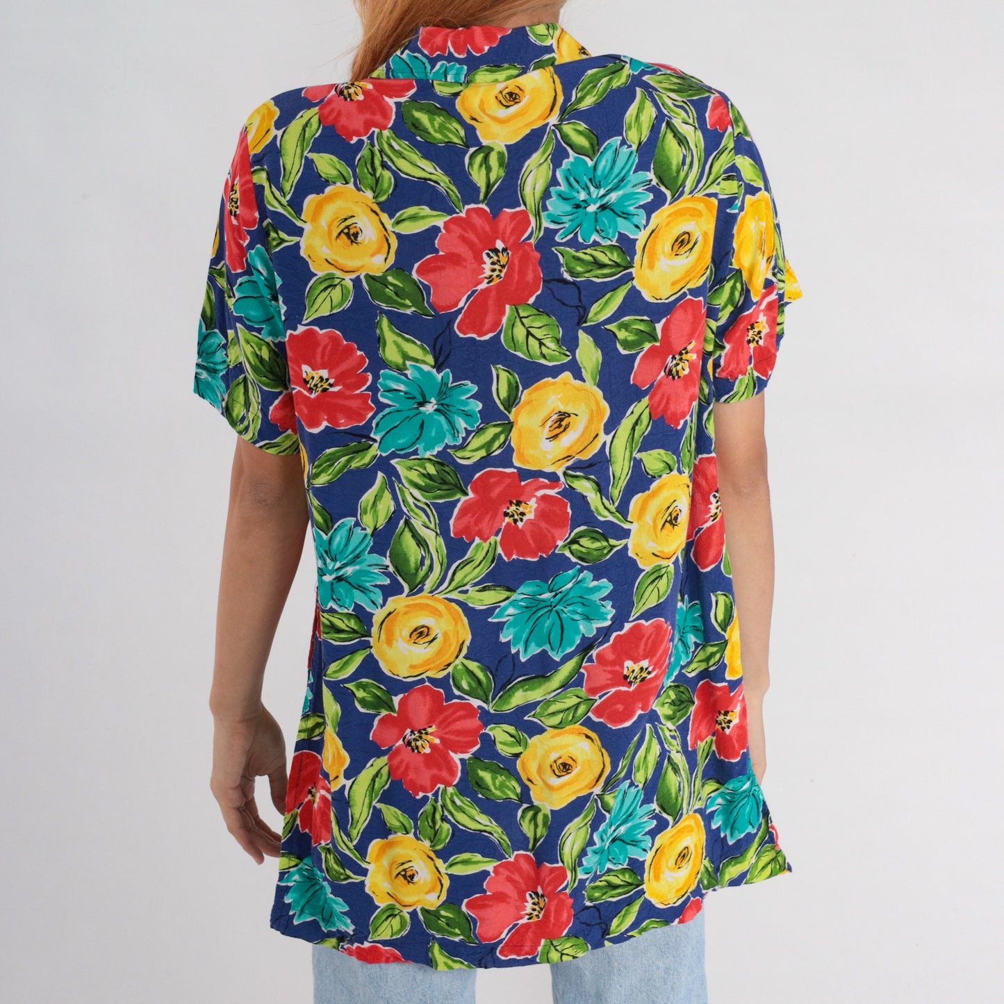 90s Floral Rayon Button-Up Blouse Short Sleeve Red Yellow Blue Small S