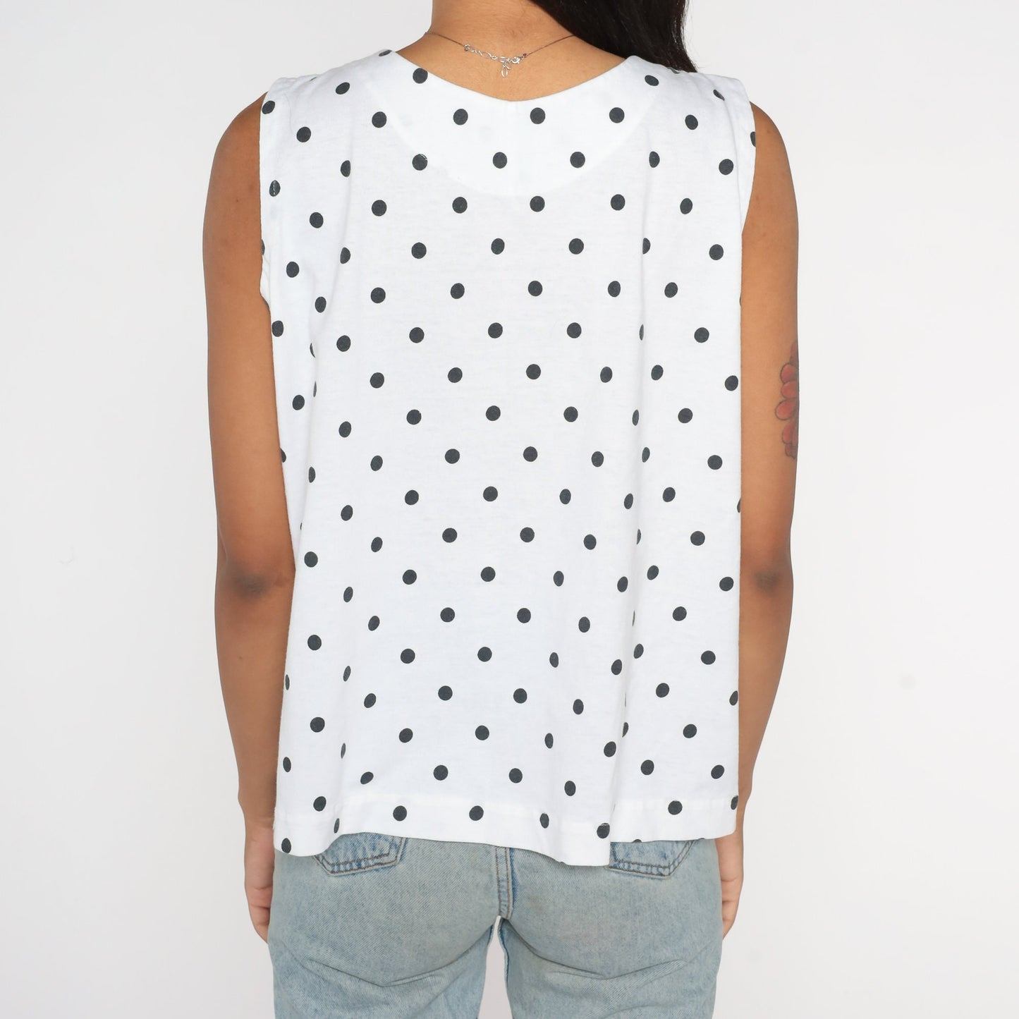 80s White Polka Dot Tank Top Heart Button Single Stitch Small