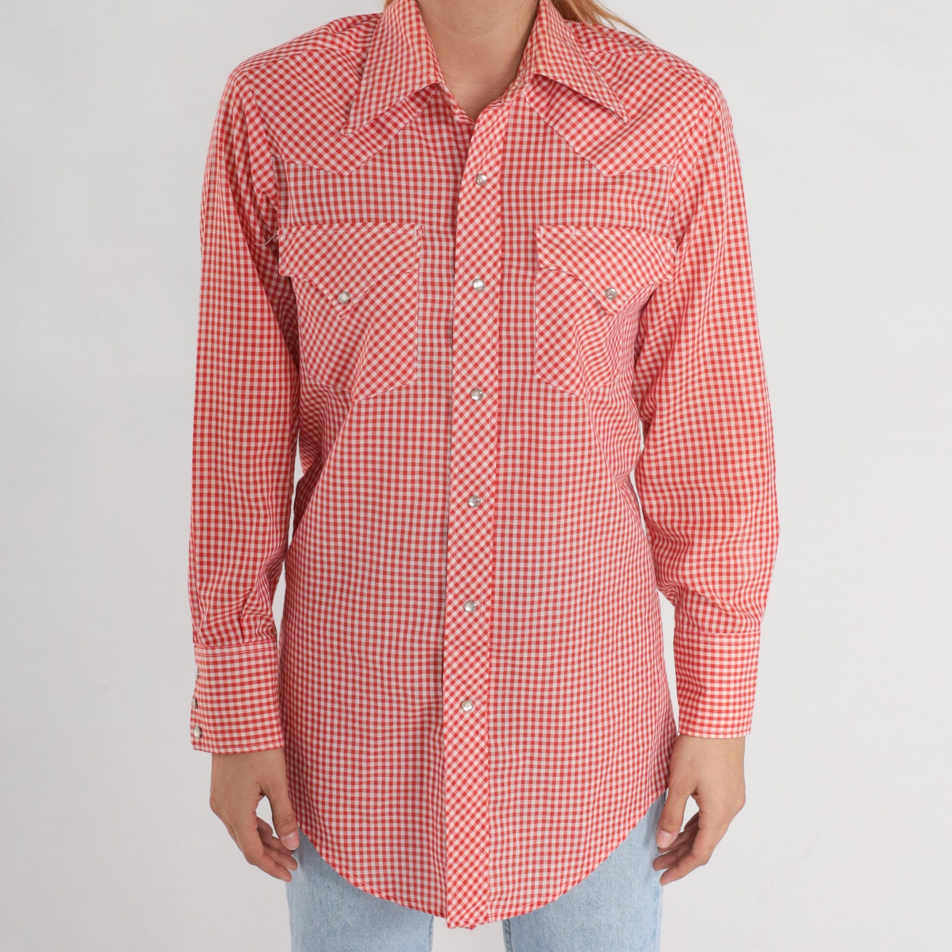 70s Lee Red Gingham Pearl Snap Western Shirt Plaid Cotton Blend Small