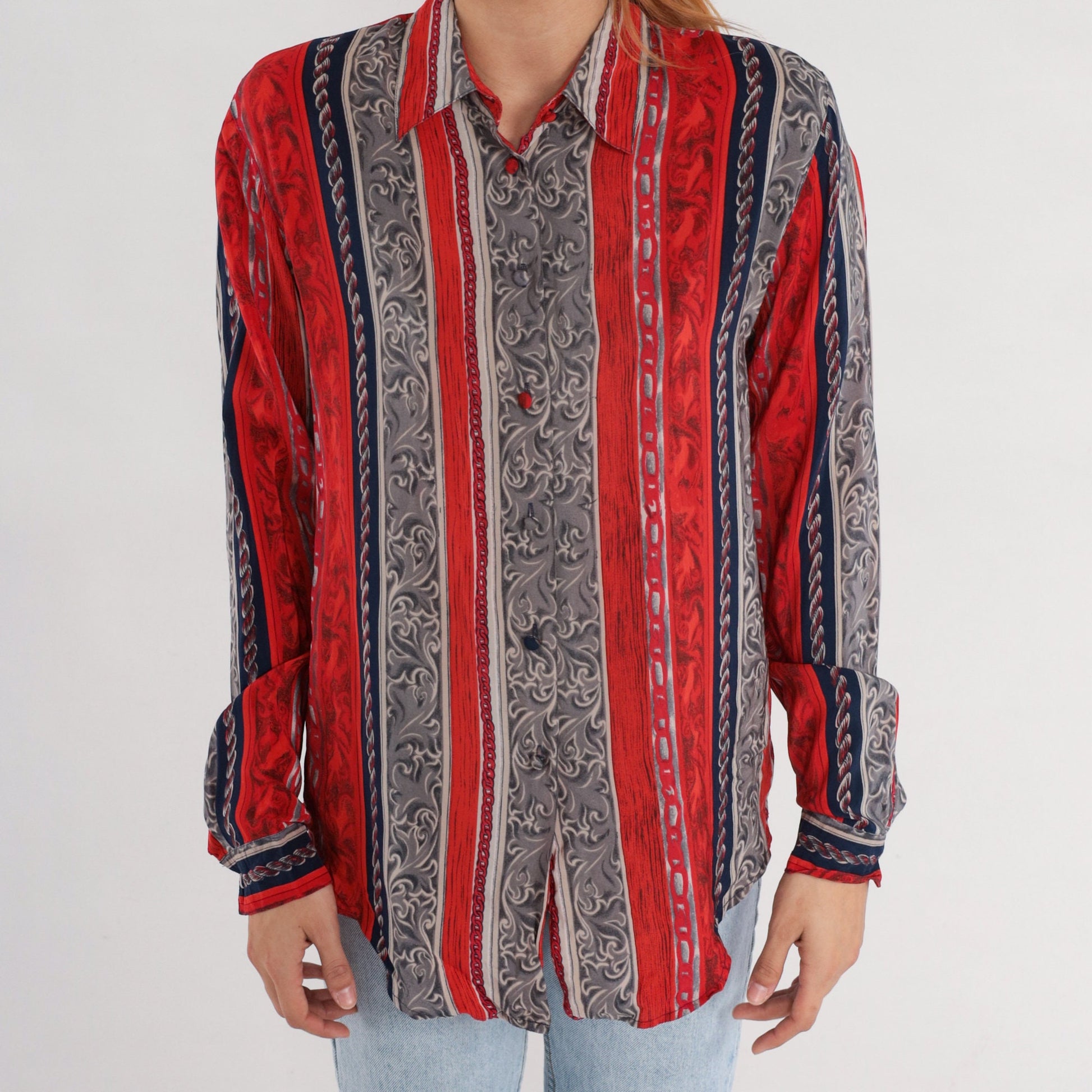 90s Silk Baroque Striped Button-Up Blouse Chain Print Red Grey Medium