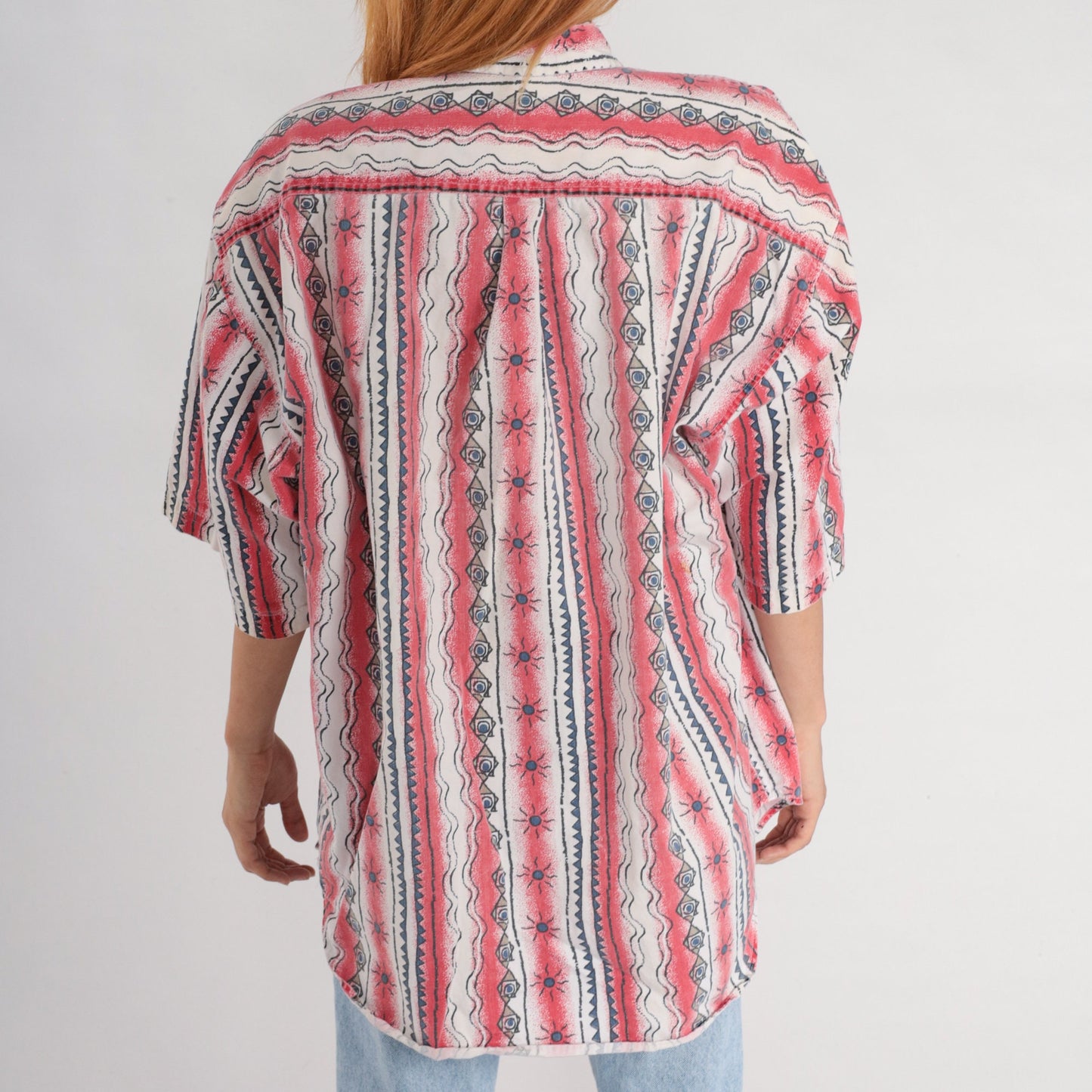 90s Celestial Red Striped Button Up Shirt Geometric Sun Print Extra Large