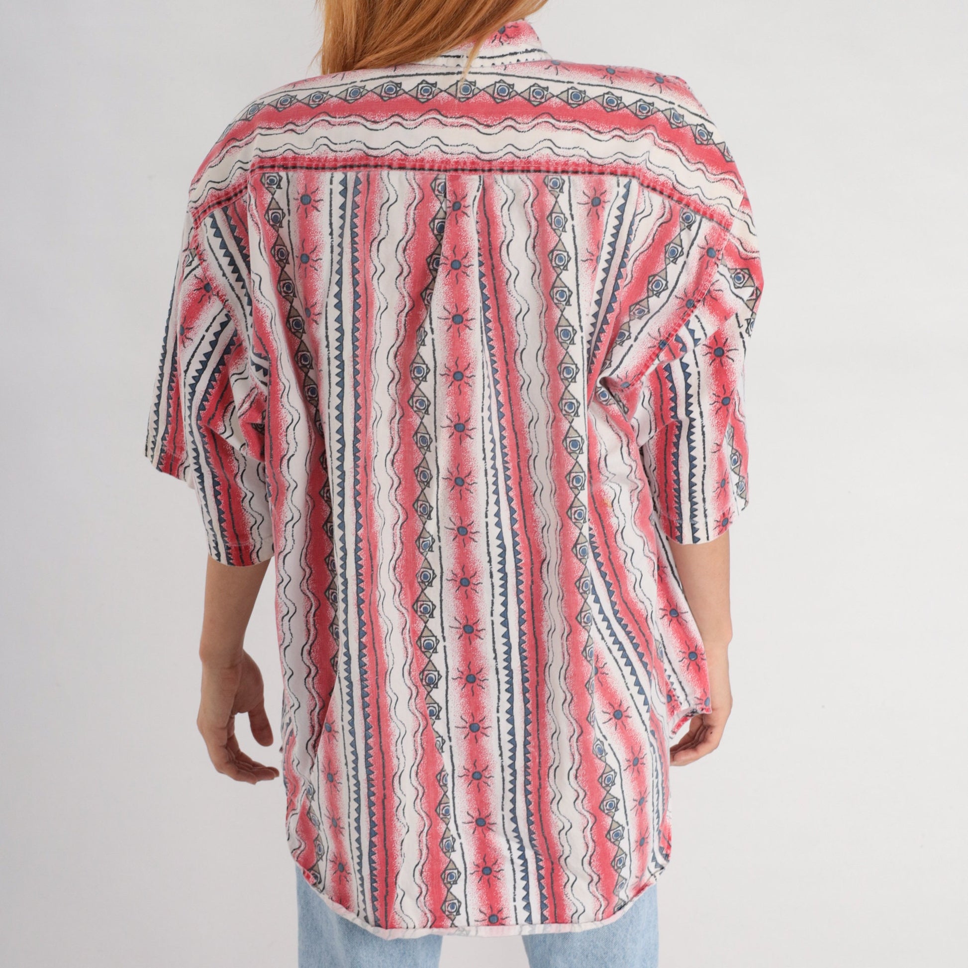 90s Celestial Red Striped Button Up Shirt Geometric Sun Print Extra Large