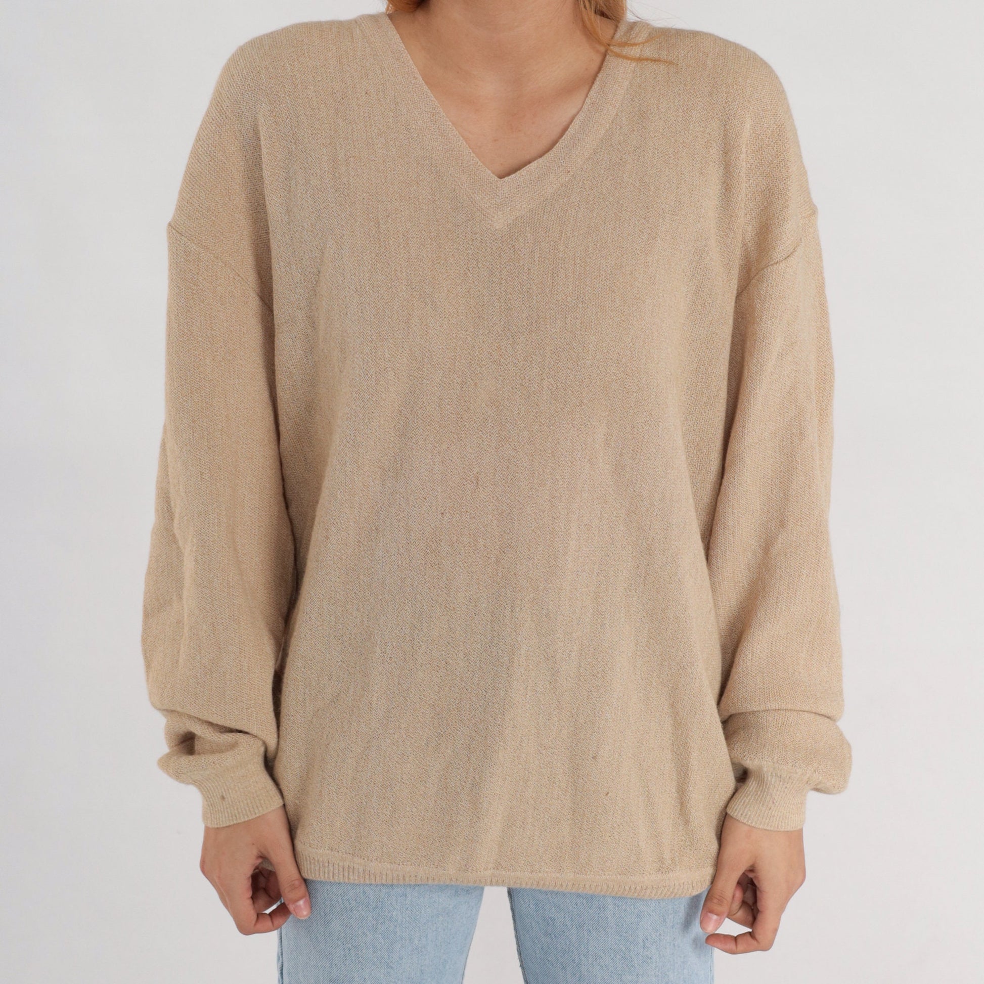 90s Tan Alpaca Wool V-Neck Sweater Pullover Knit Extra Large