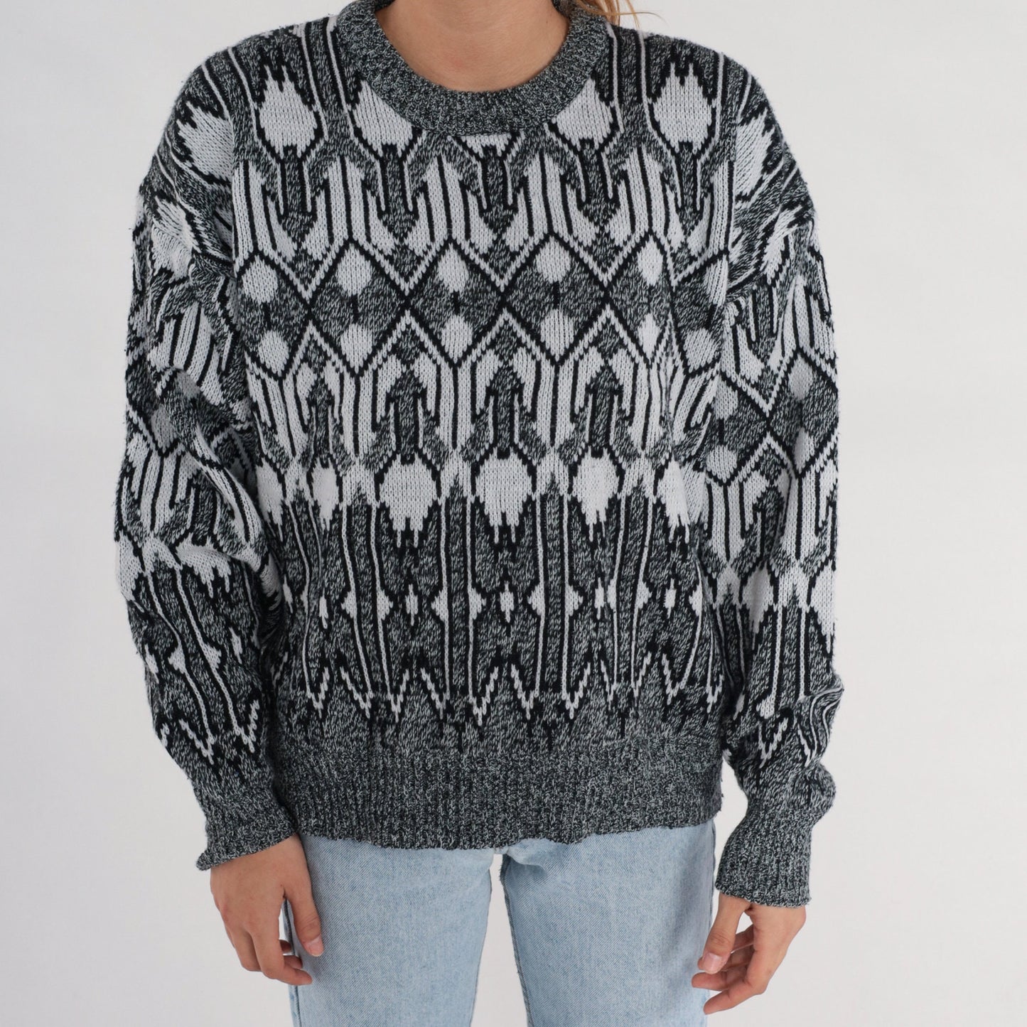 90s Geometric Knit Sweater Grey Black White Crewneck Pullover Large