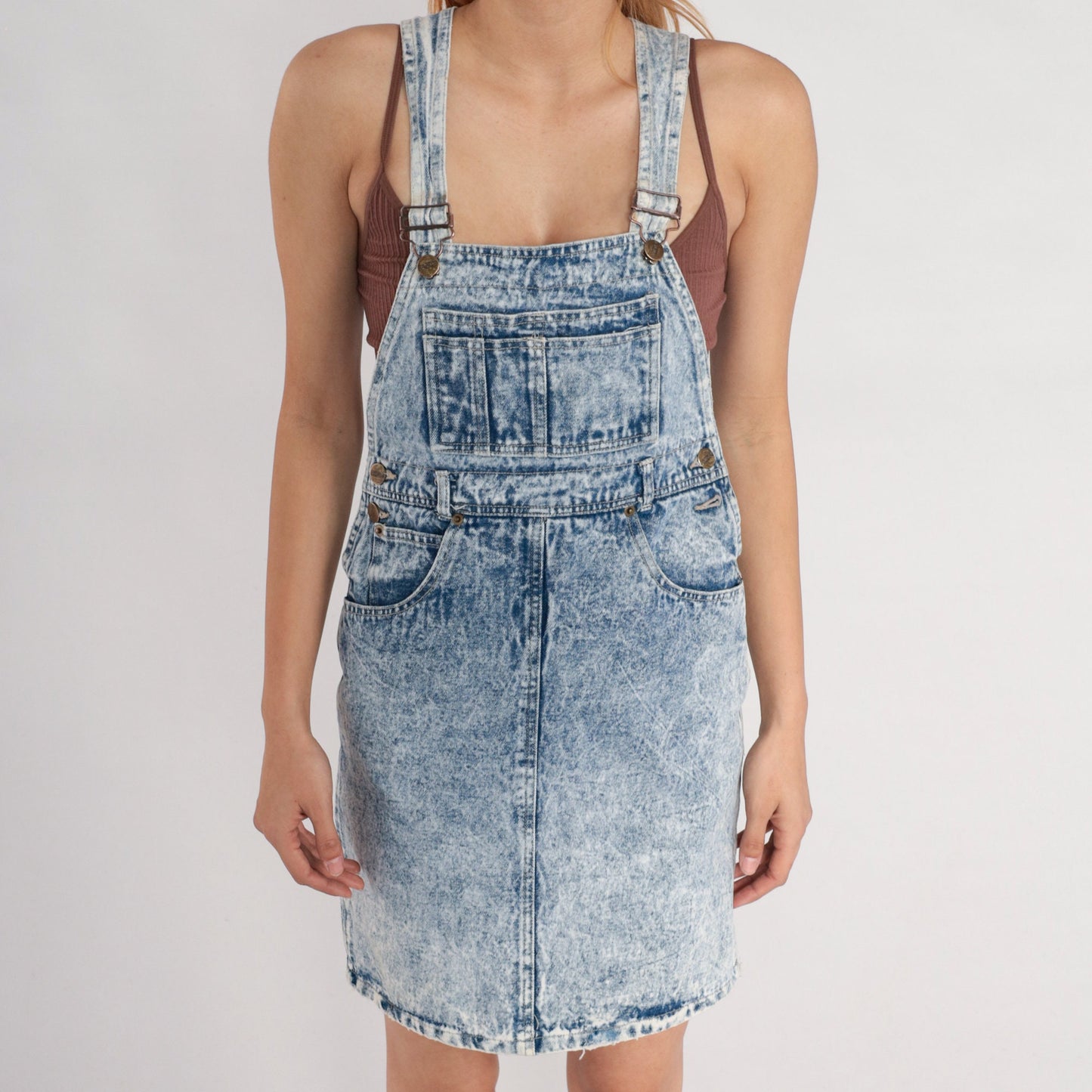 80s Acid Wash Denim Overall Dress Mini Sleeveless Bib Jumper Small