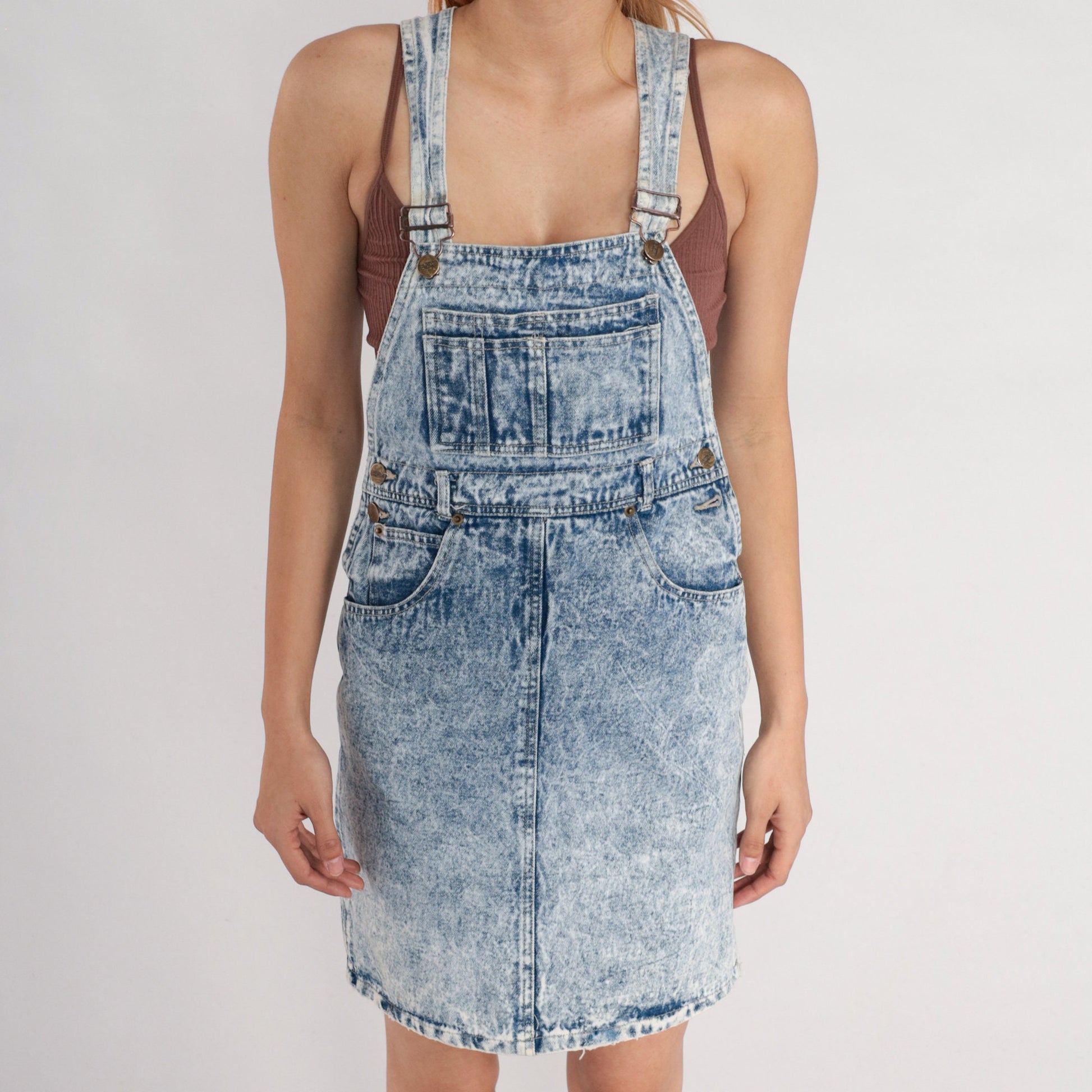 80s Acid Wash Denim Overall Dress Mini Sleeveless Bib Jumper Small